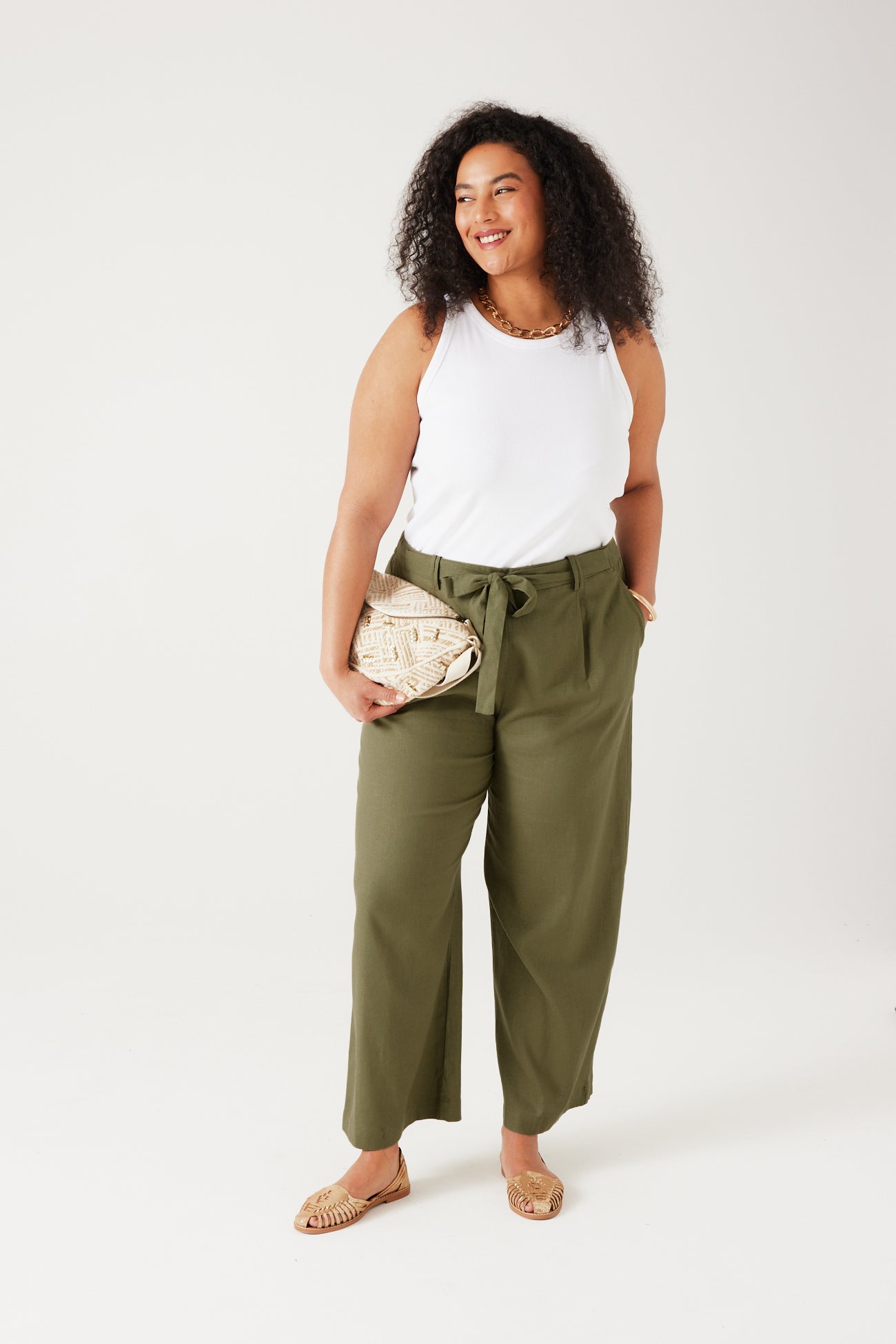 Wideleg linen blend trousers - Ecru