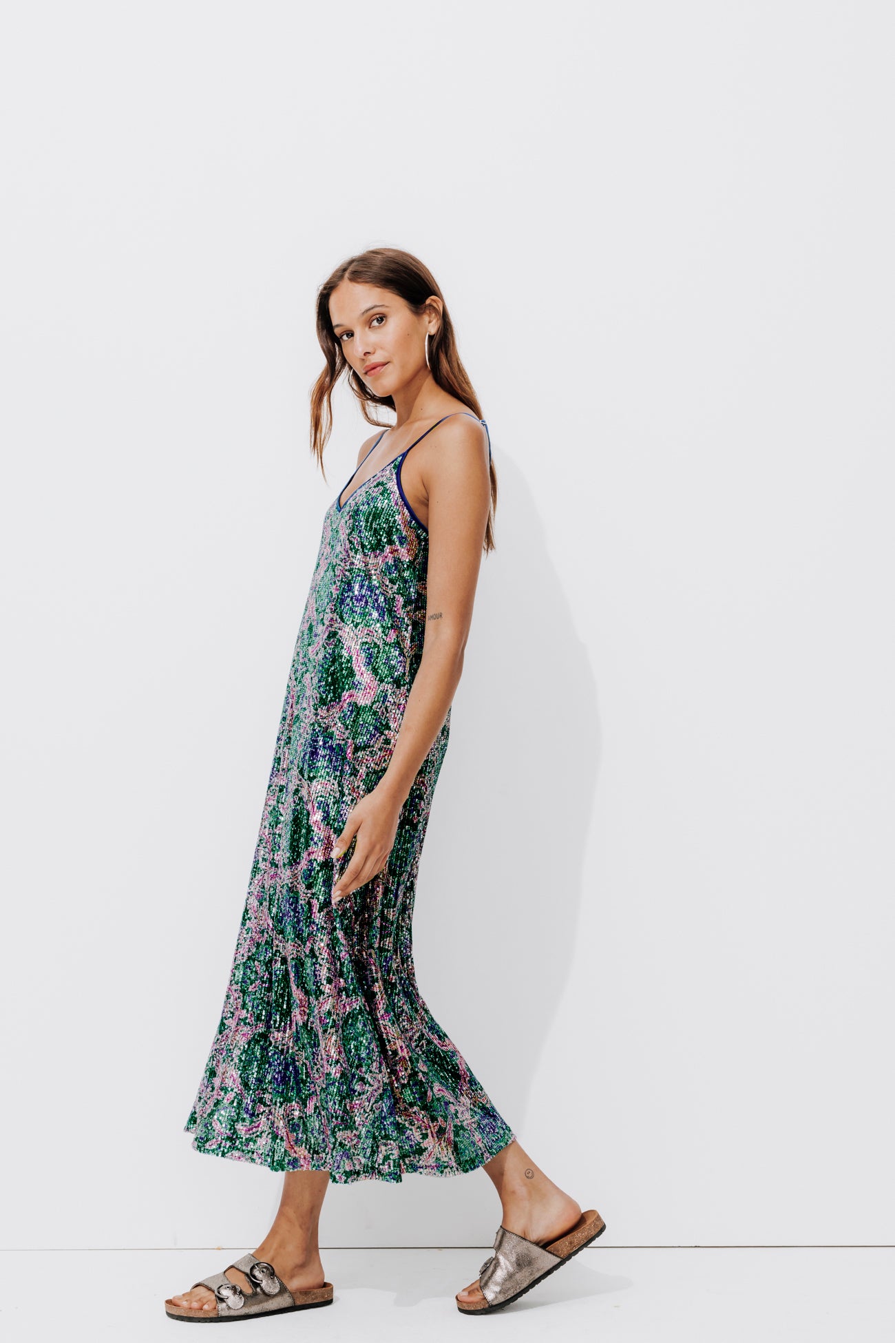 Long shimmery dress - Multicolour print