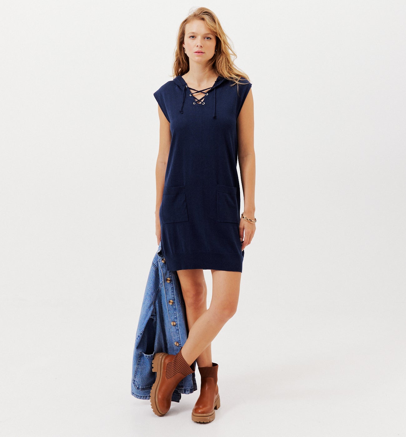 Hooded knit dress - Navy blue