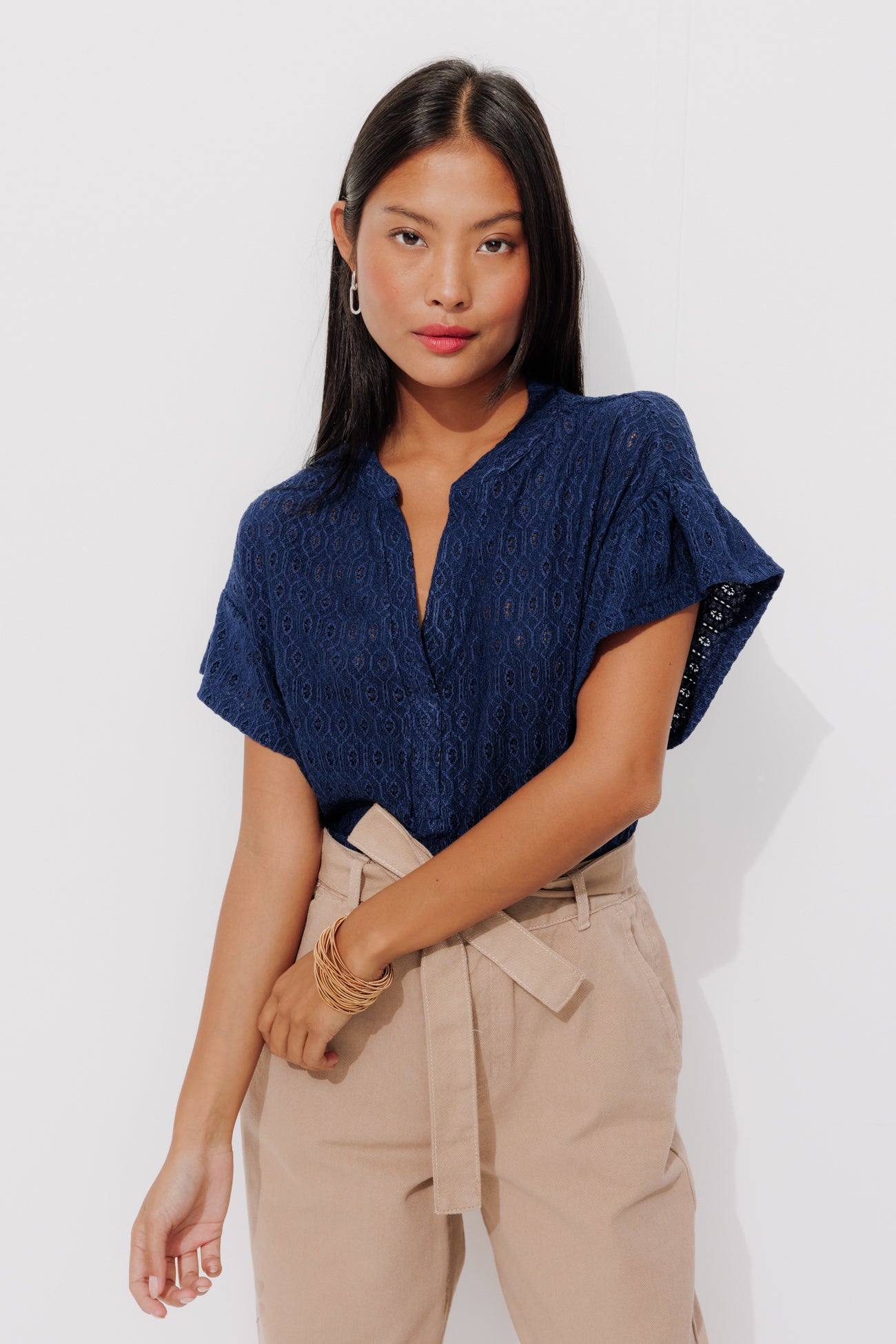 Lace effect openwork top - Red stripes