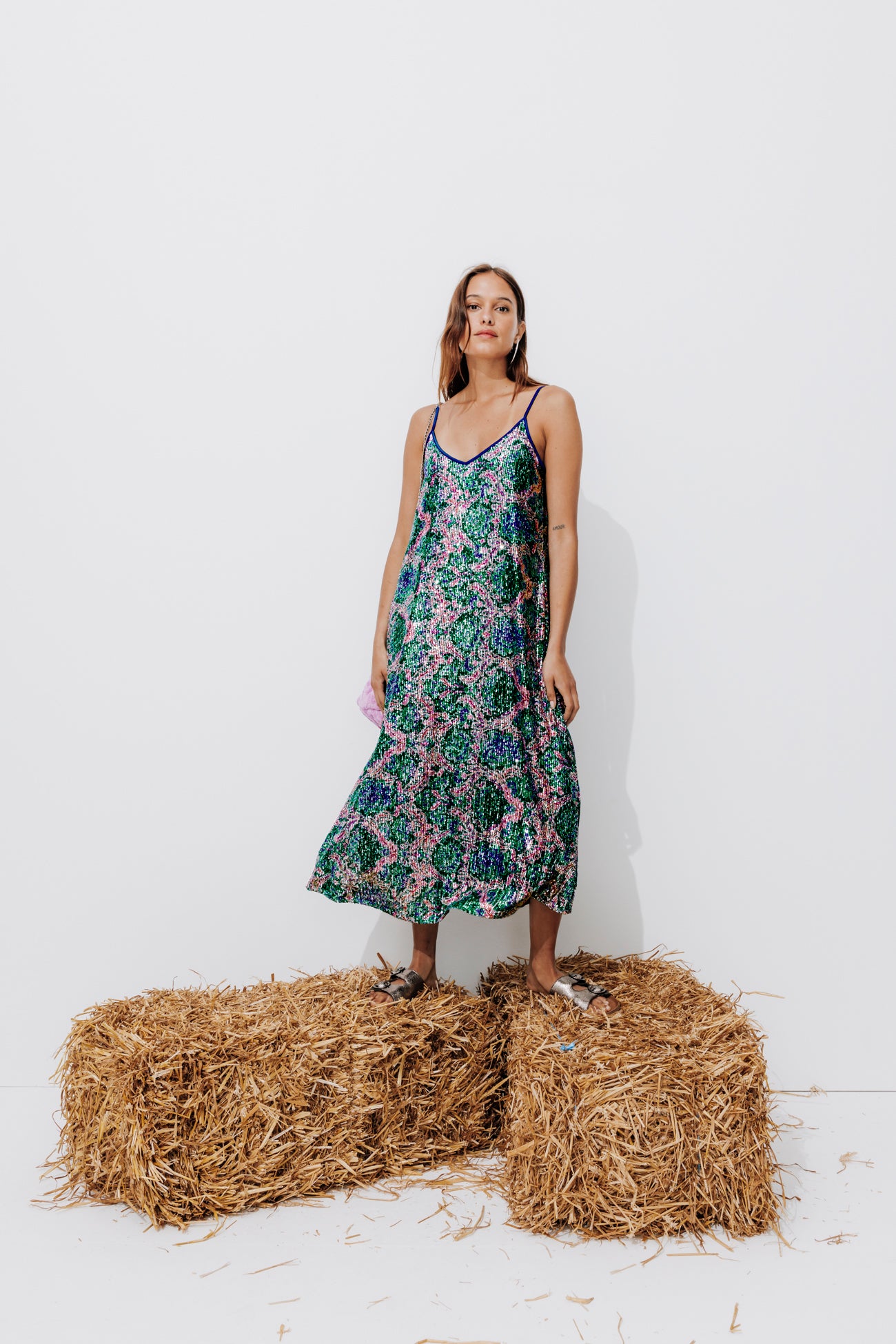 Long shimmery dress - Multicolour print