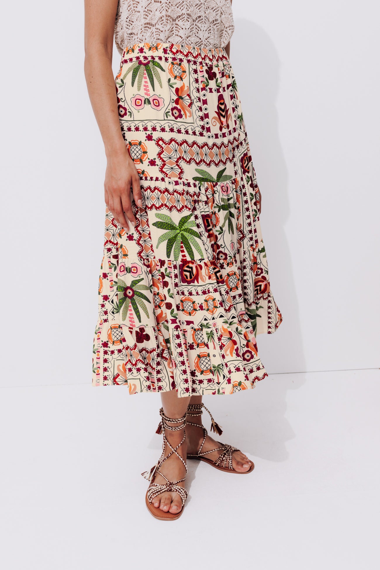 Patterned mid-length skirt - Multicolour print