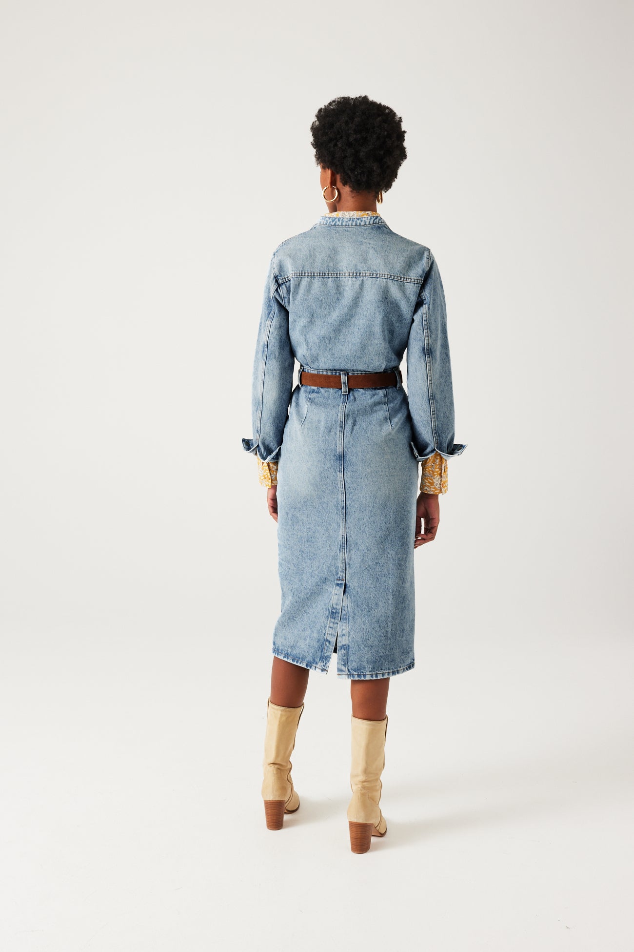 Mid-length denim dress - Ecru