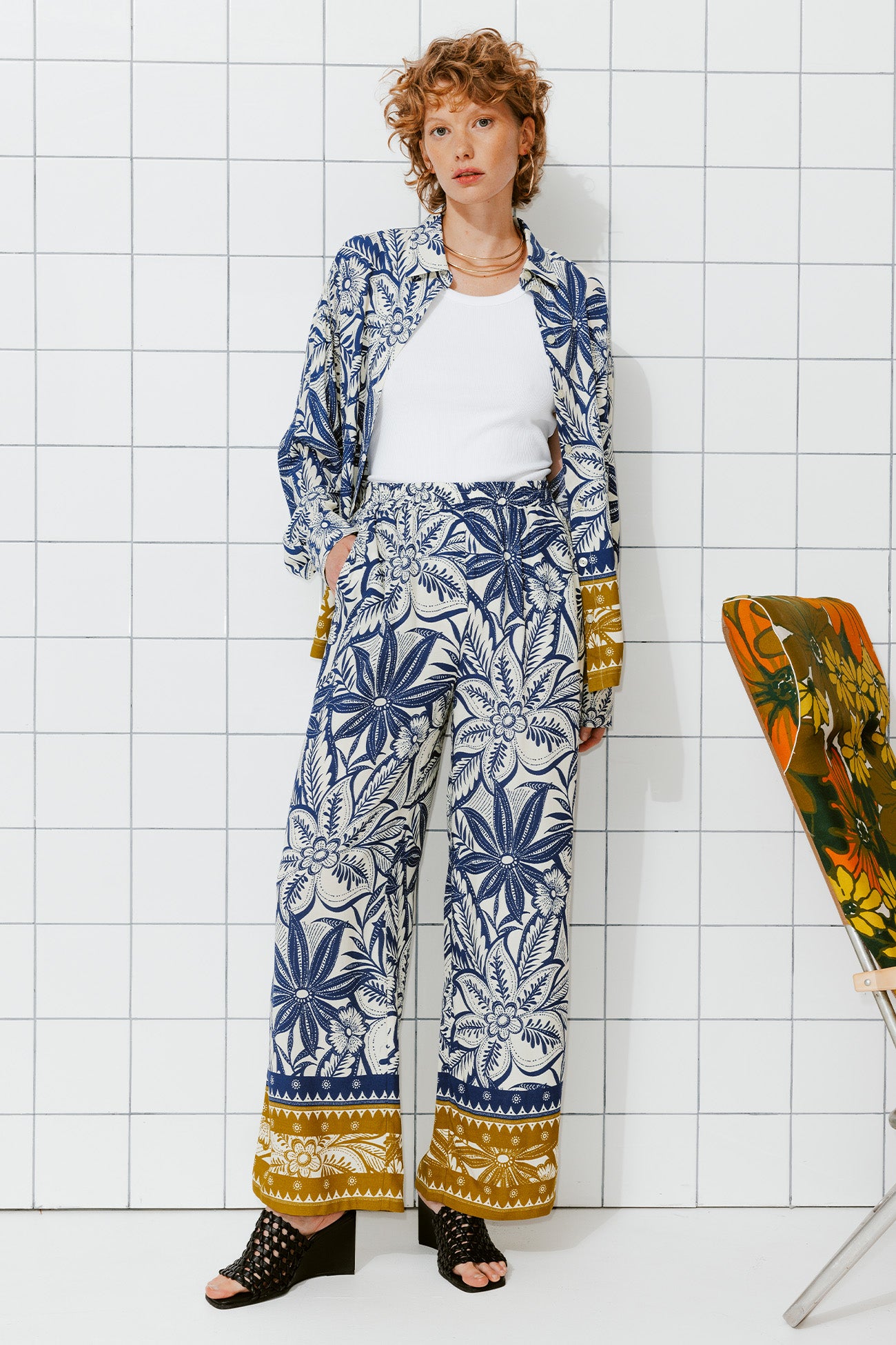 Wideleg patterned trousers - Navy blue print