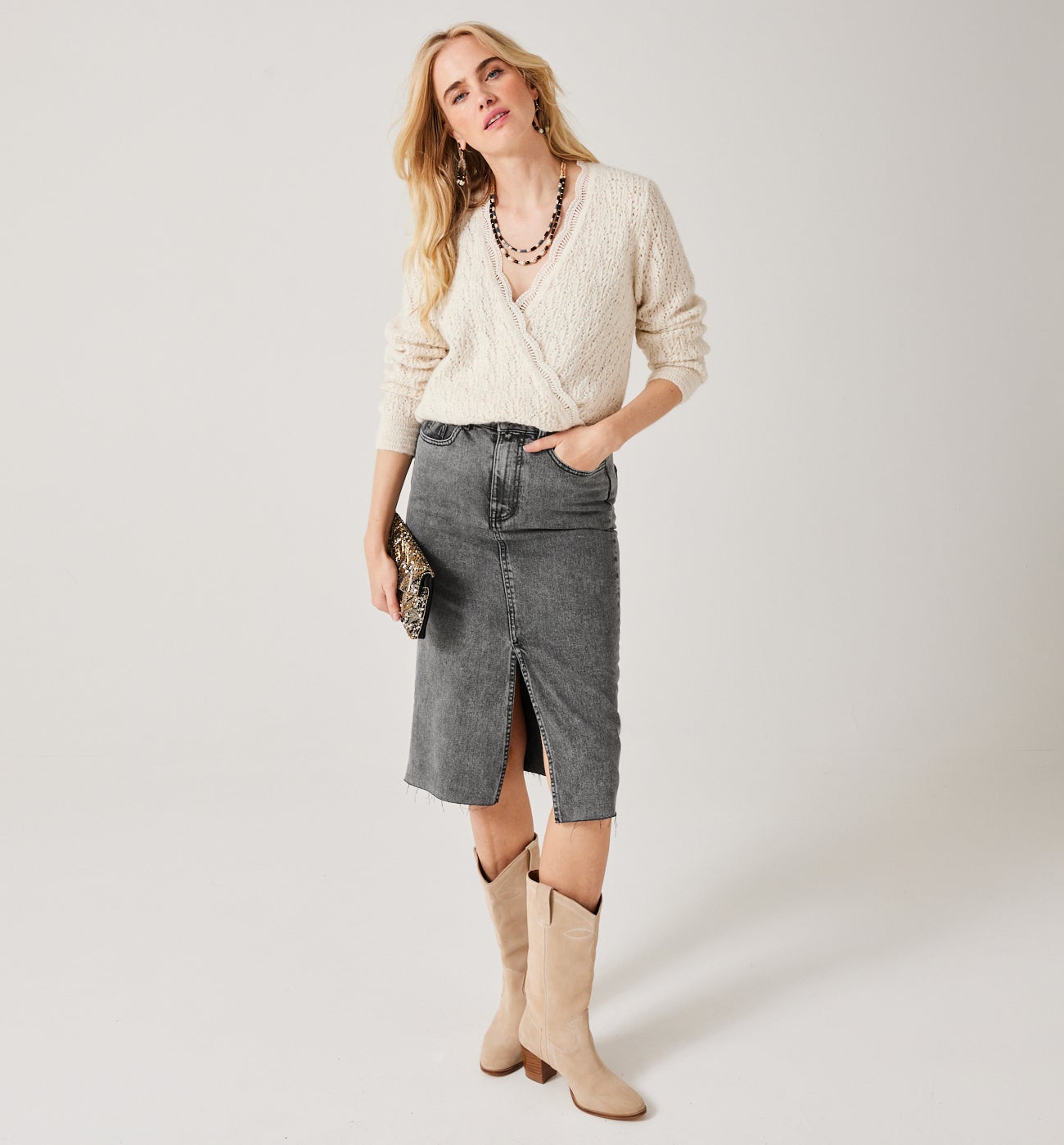 Midi denim skirt - Grey denim
