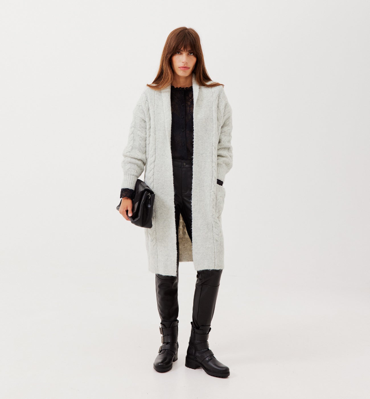 Long cable-knit cardigan - Chestnut brown