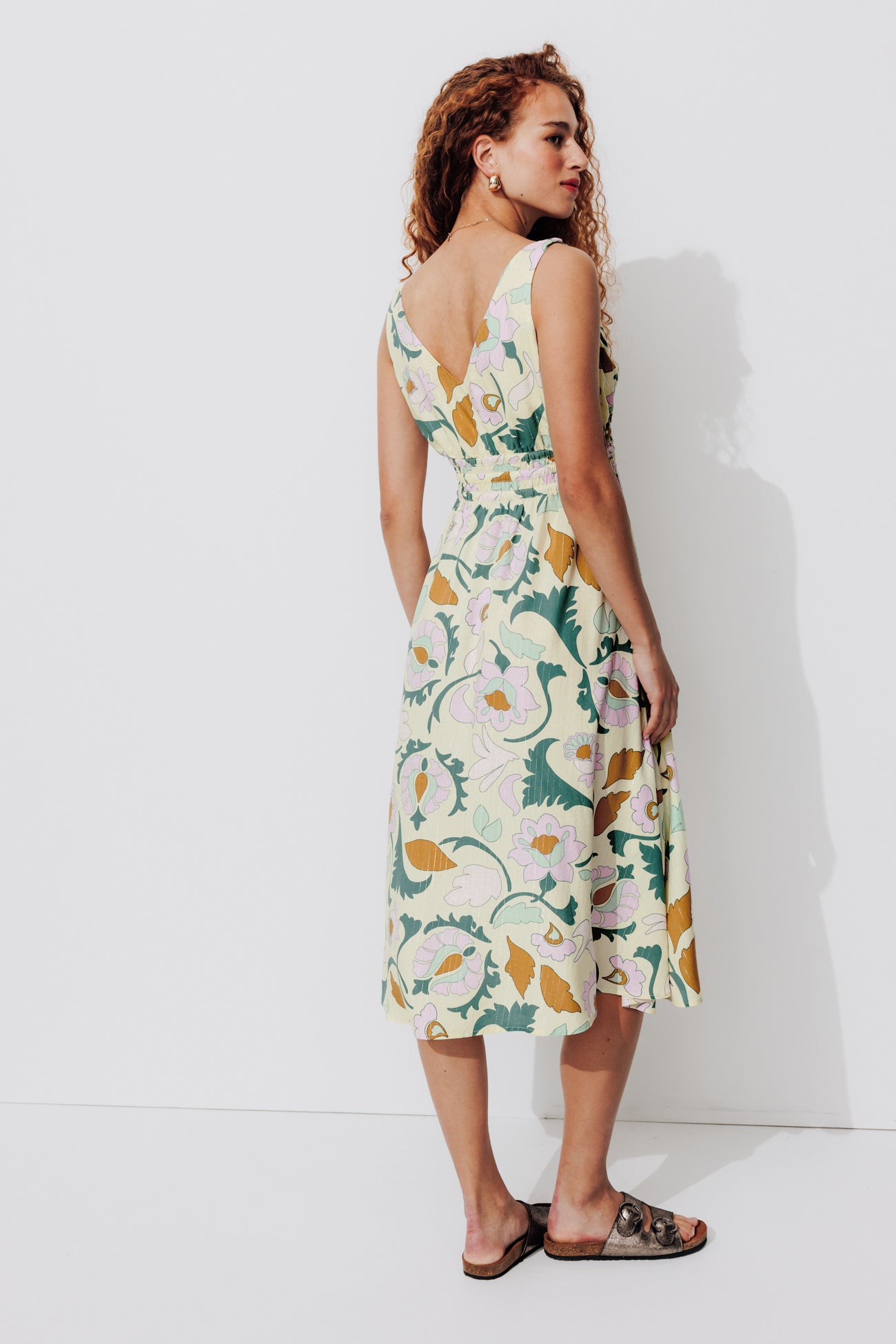 Patterned mid-length dress - Yellow print