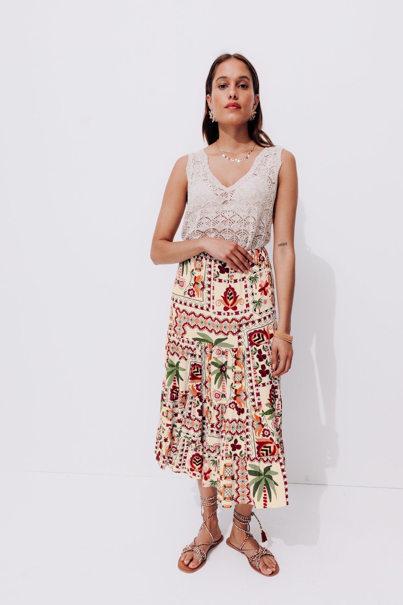 Patterned mid-length skirt - Multicolour print