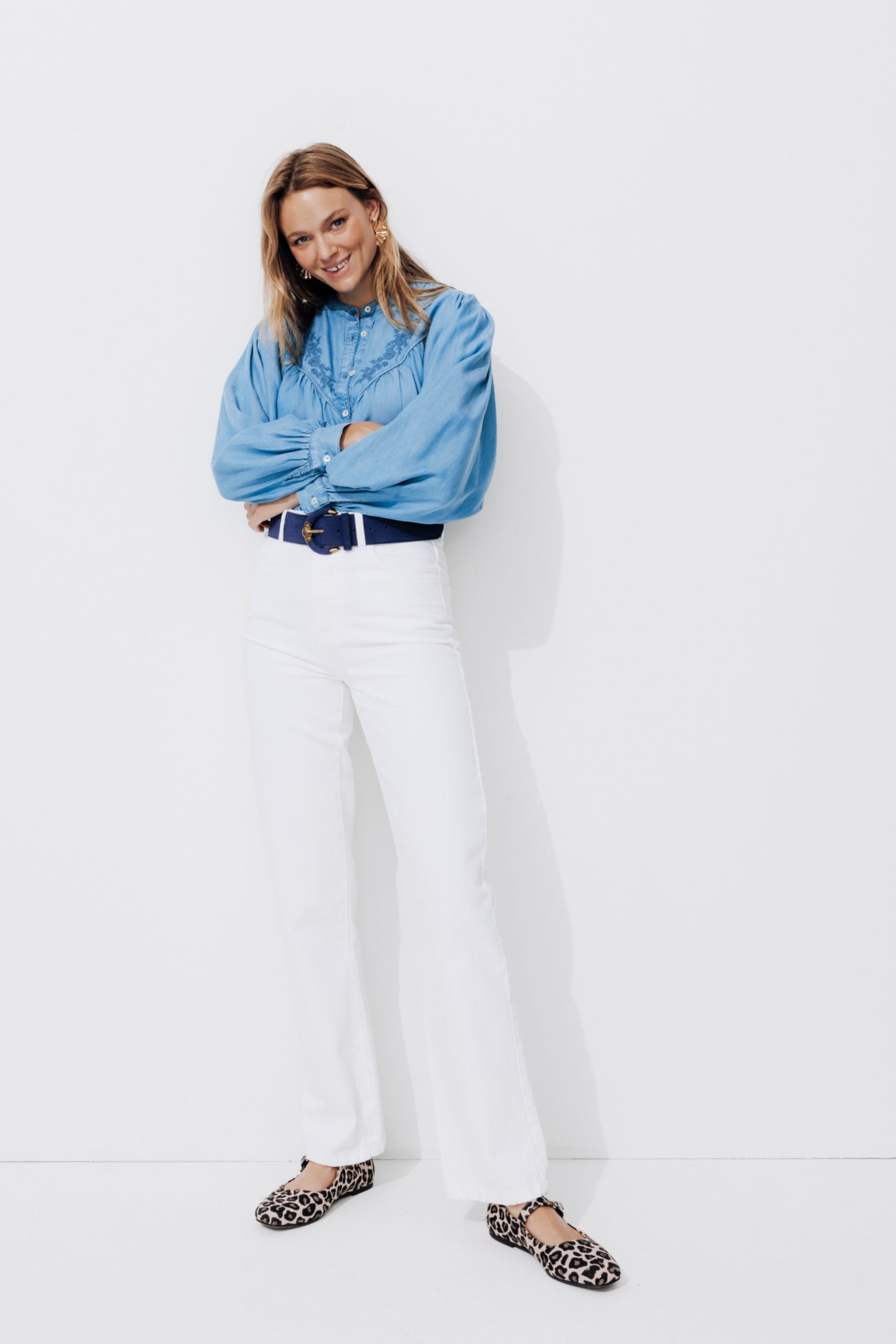 High-waist straight leg jeans - Ecru