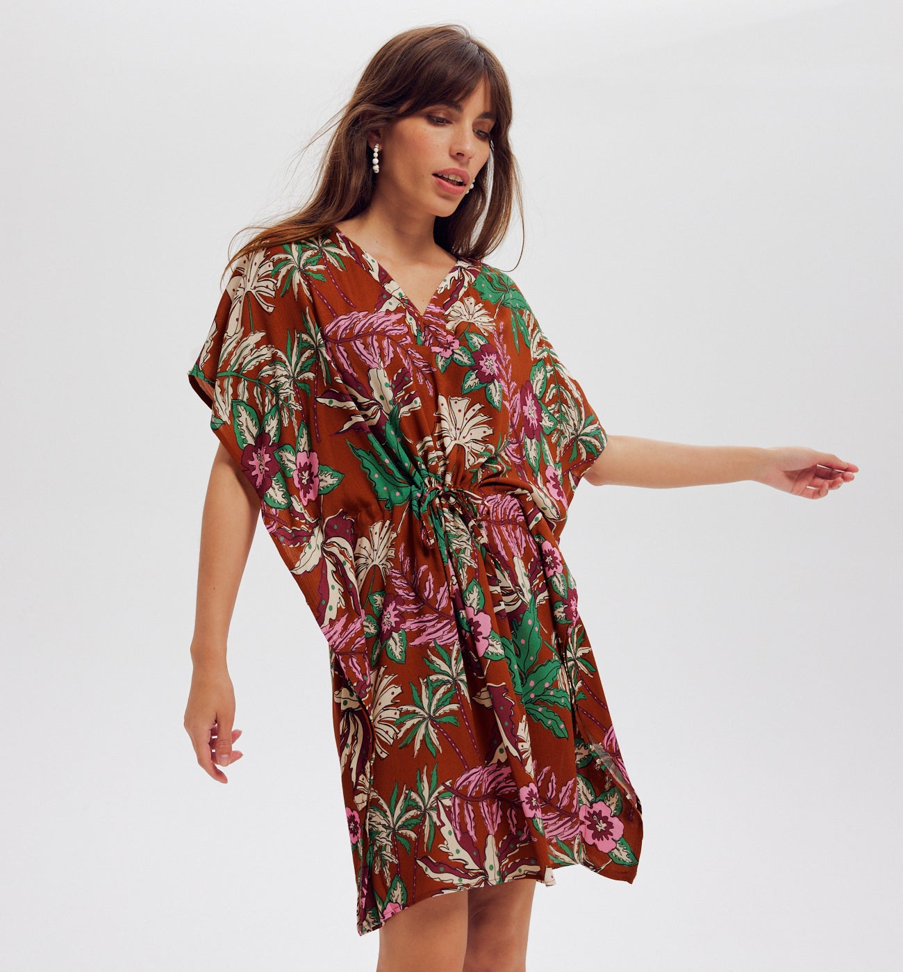 Short patterned kaftan - Chestnut brown print