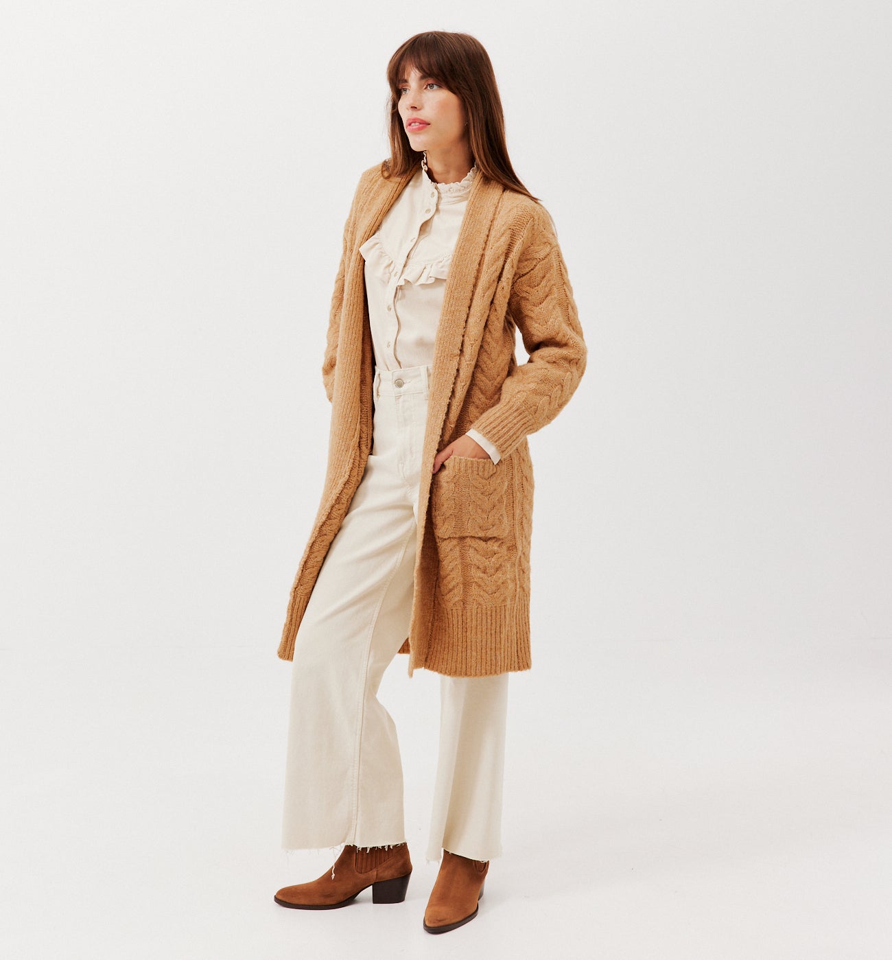 Long cable-knit cardigan - Chestnut brown