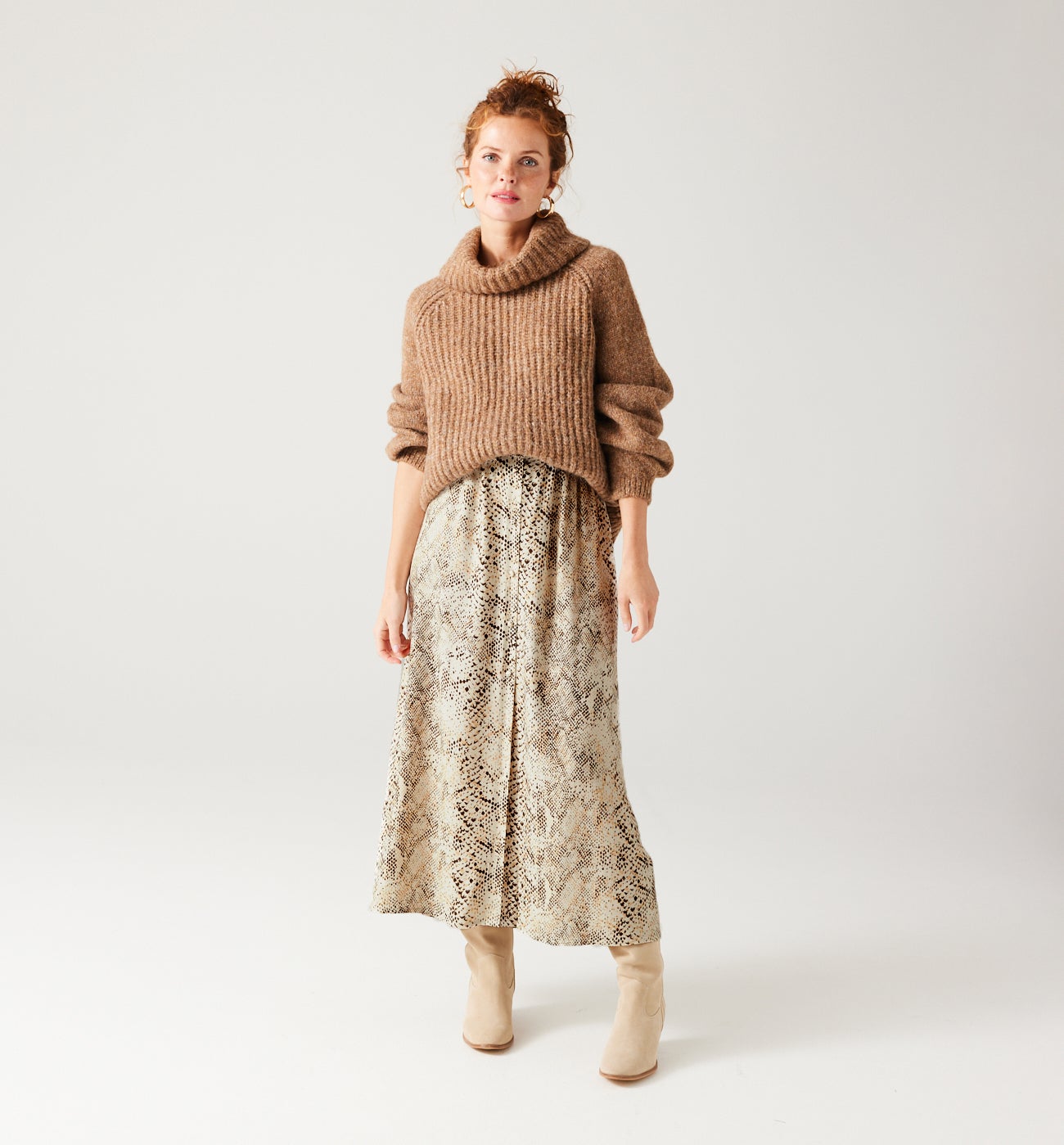 Patterned midi skirt - Beige print