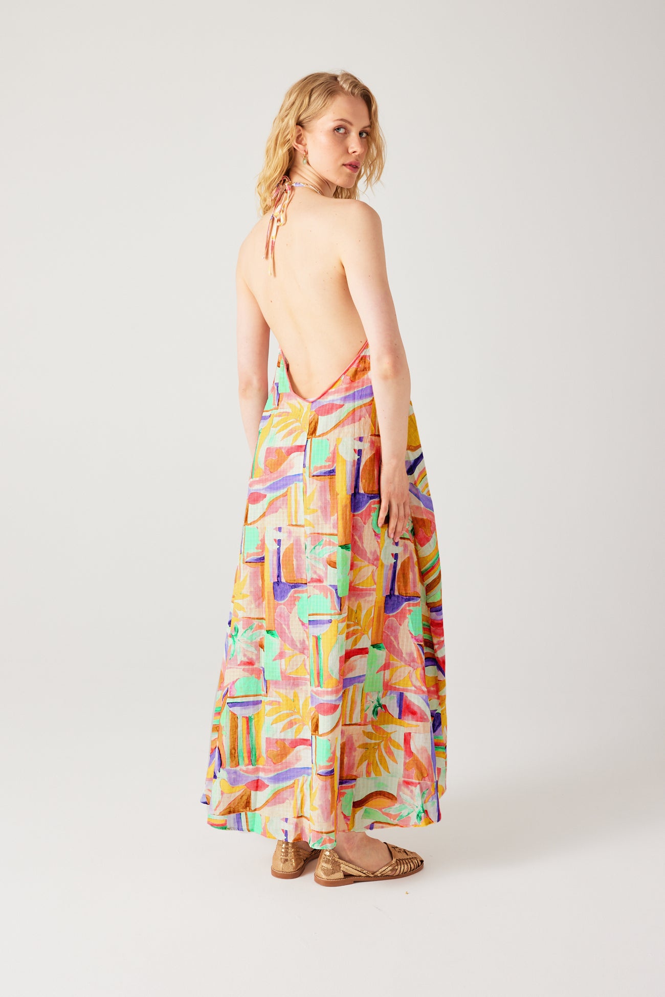 Patterned low-back dress - Ecru print
