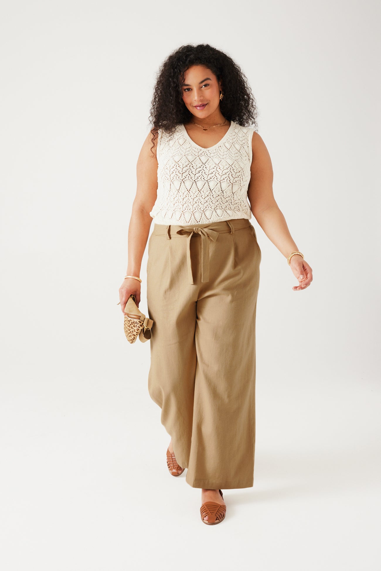 Wideleg linen blend trousers - Ecru