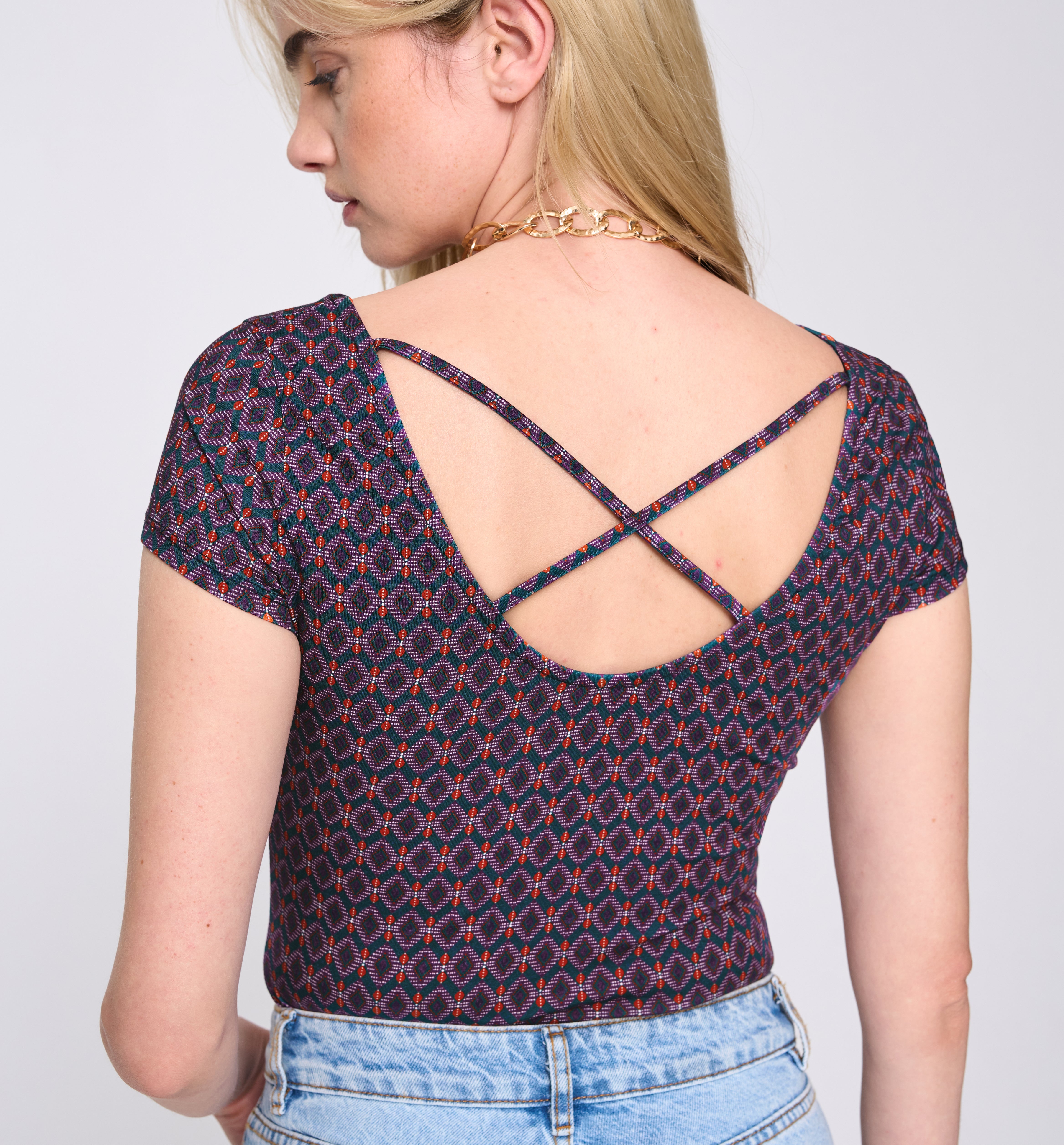 Low round-neck top - Navy blue print