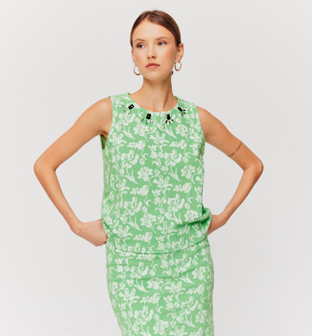 Jersey jacquard sleeveless top - Green print