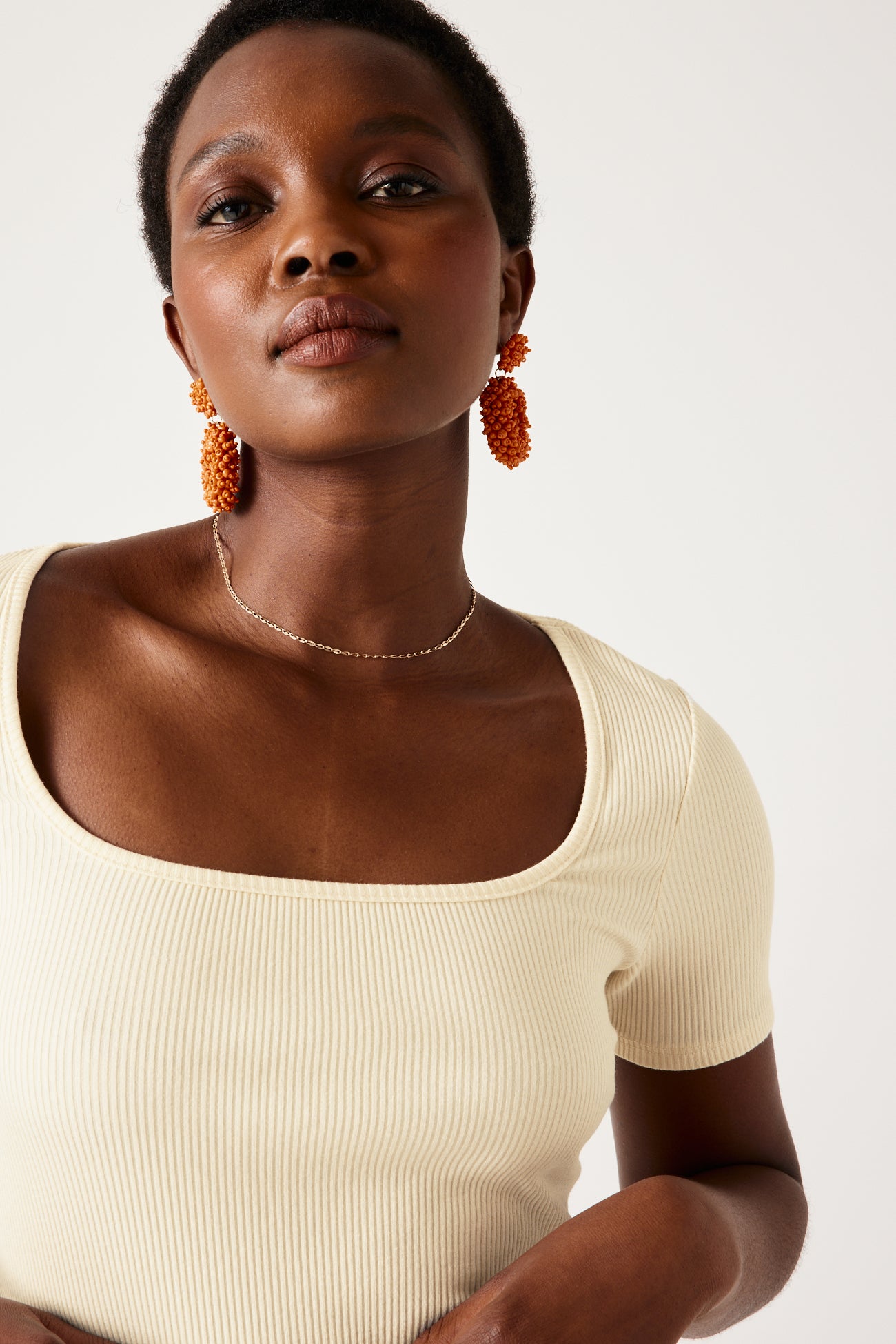 Square-neckline top - Beige