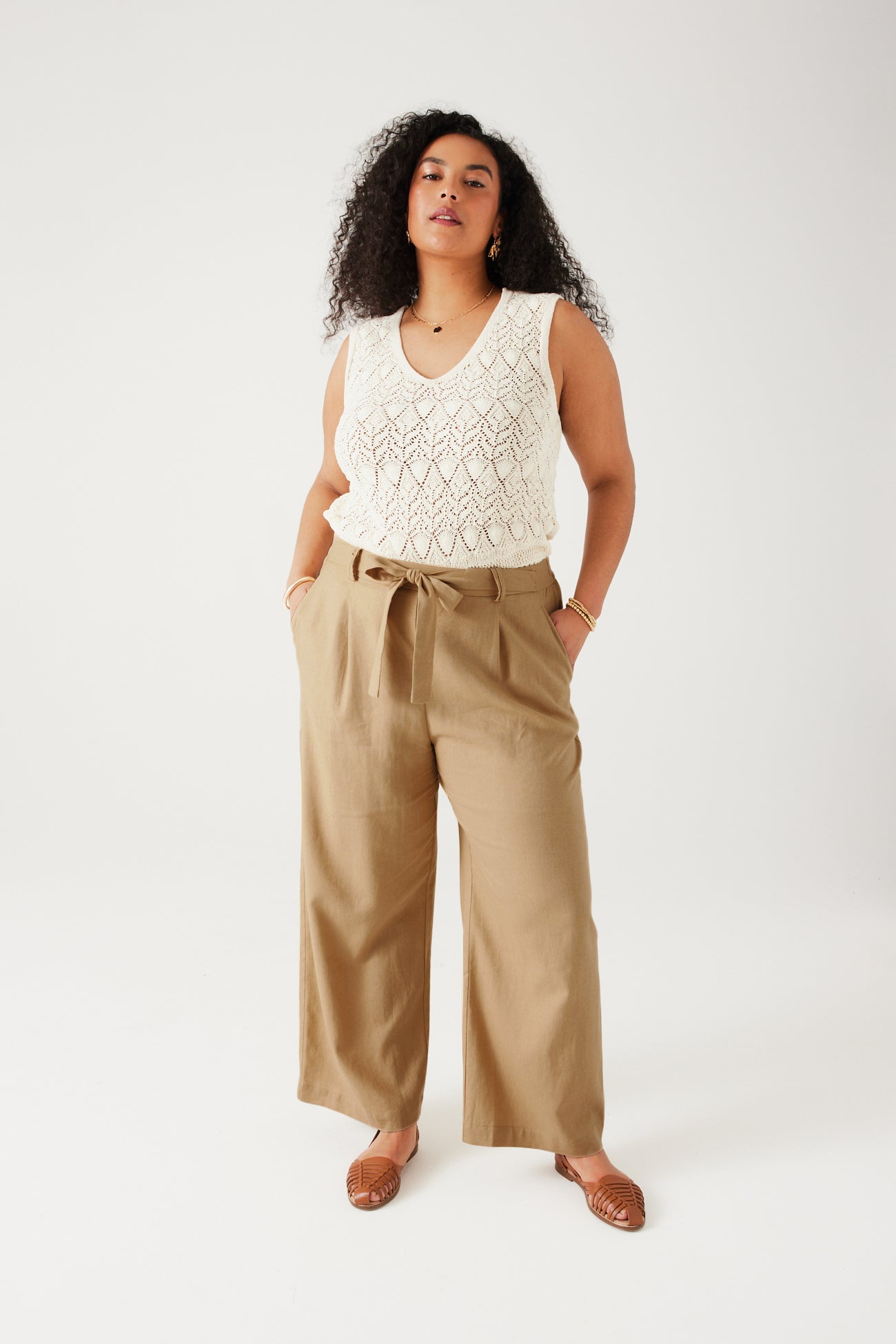 Wideleg linen blend trousers - Ecru