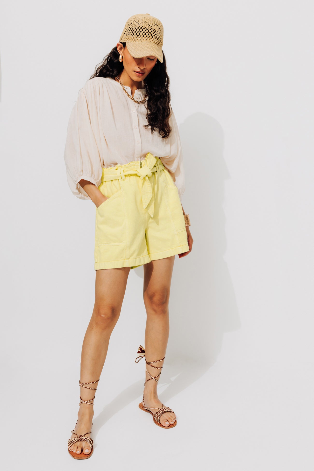 High-waist paperbag shorts - Light yellow