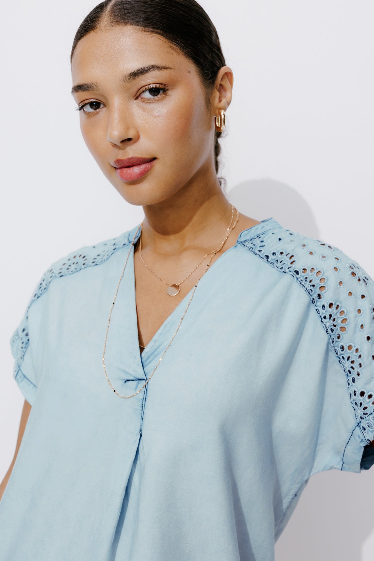 Short broderie anglaise dress - Light denim