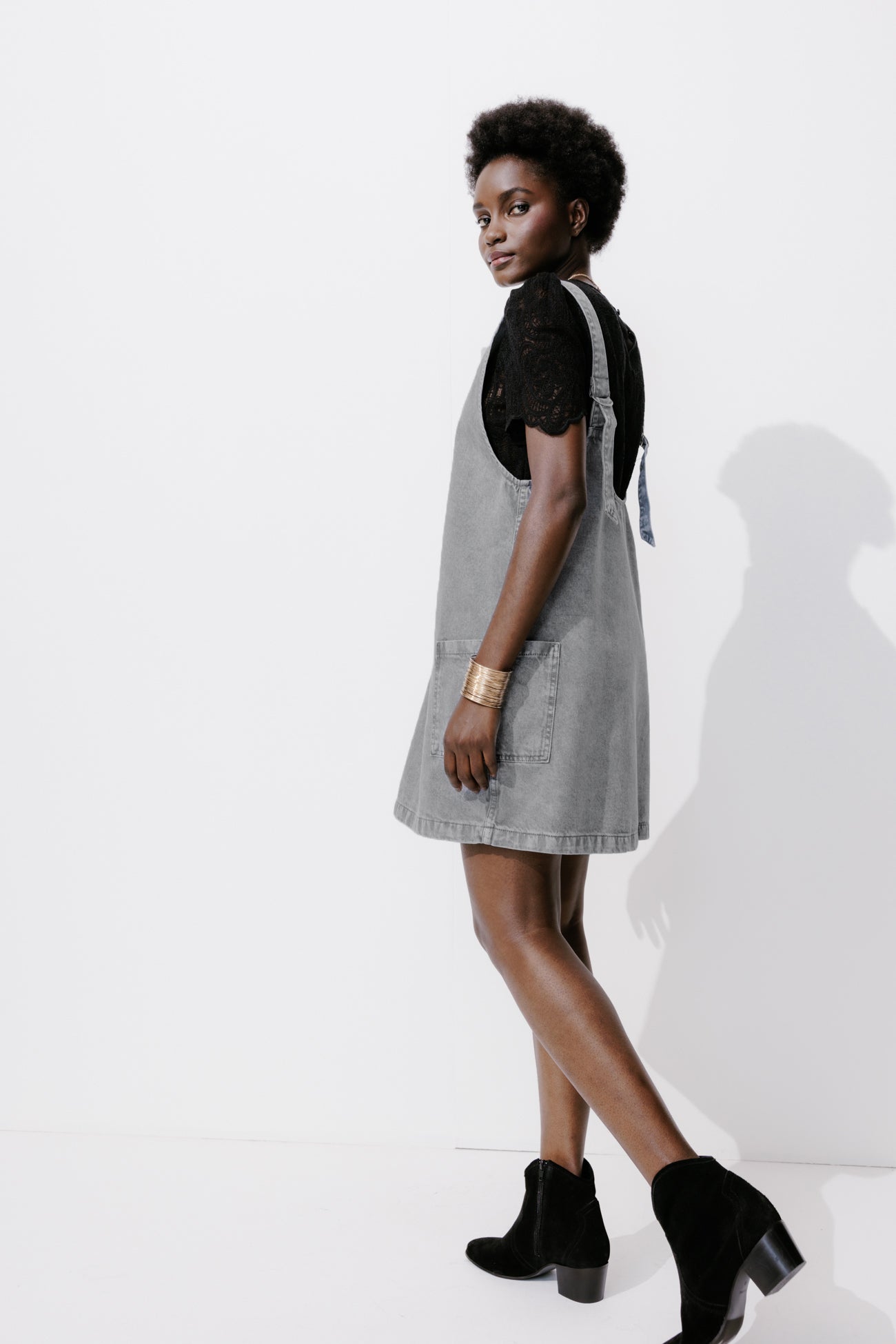 Canvas dungaree dress - Grey denim