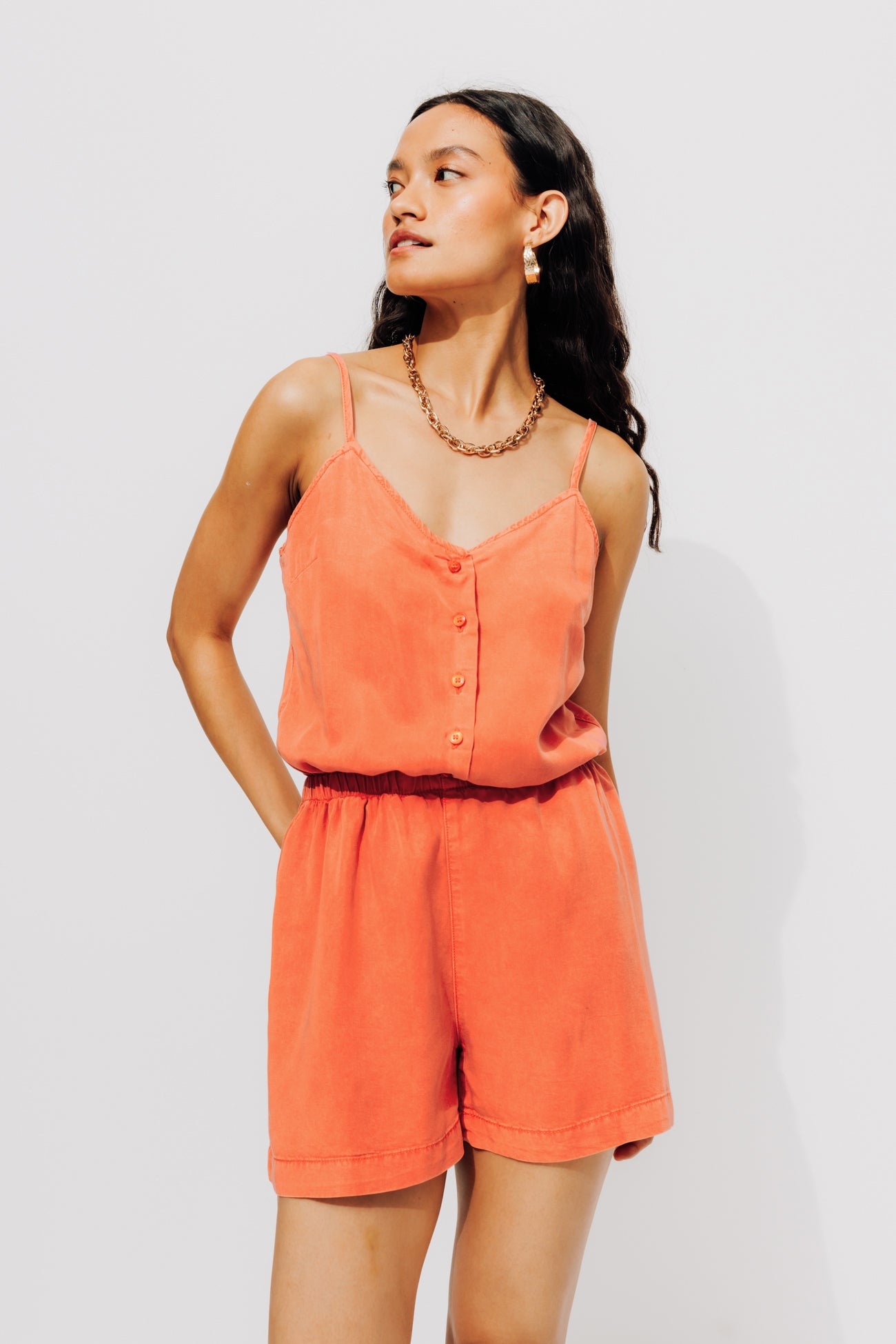 Lyocell shorts playsuit - Neon orange