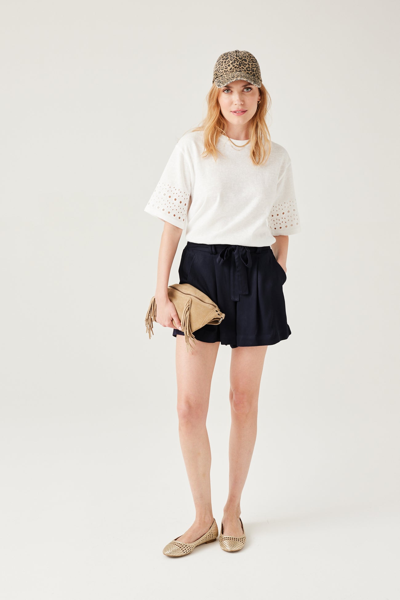 Plain belted shorts - Navy blue