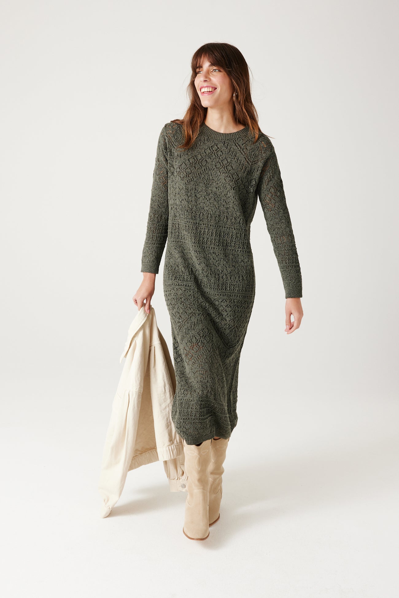 Midi openwork dress - Khaki