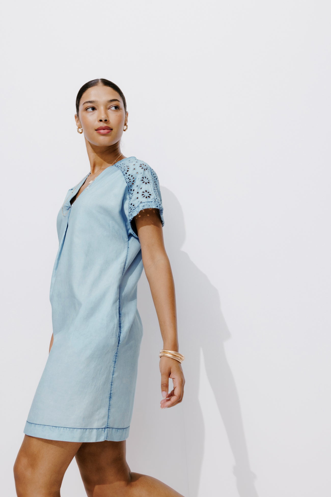 Short broderie anglaise dress - Light denim