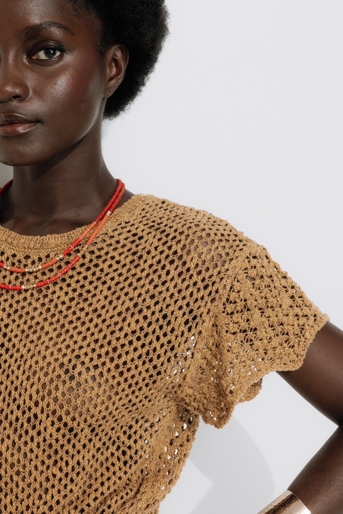 Openwork short-sleeved jumper - Ochre