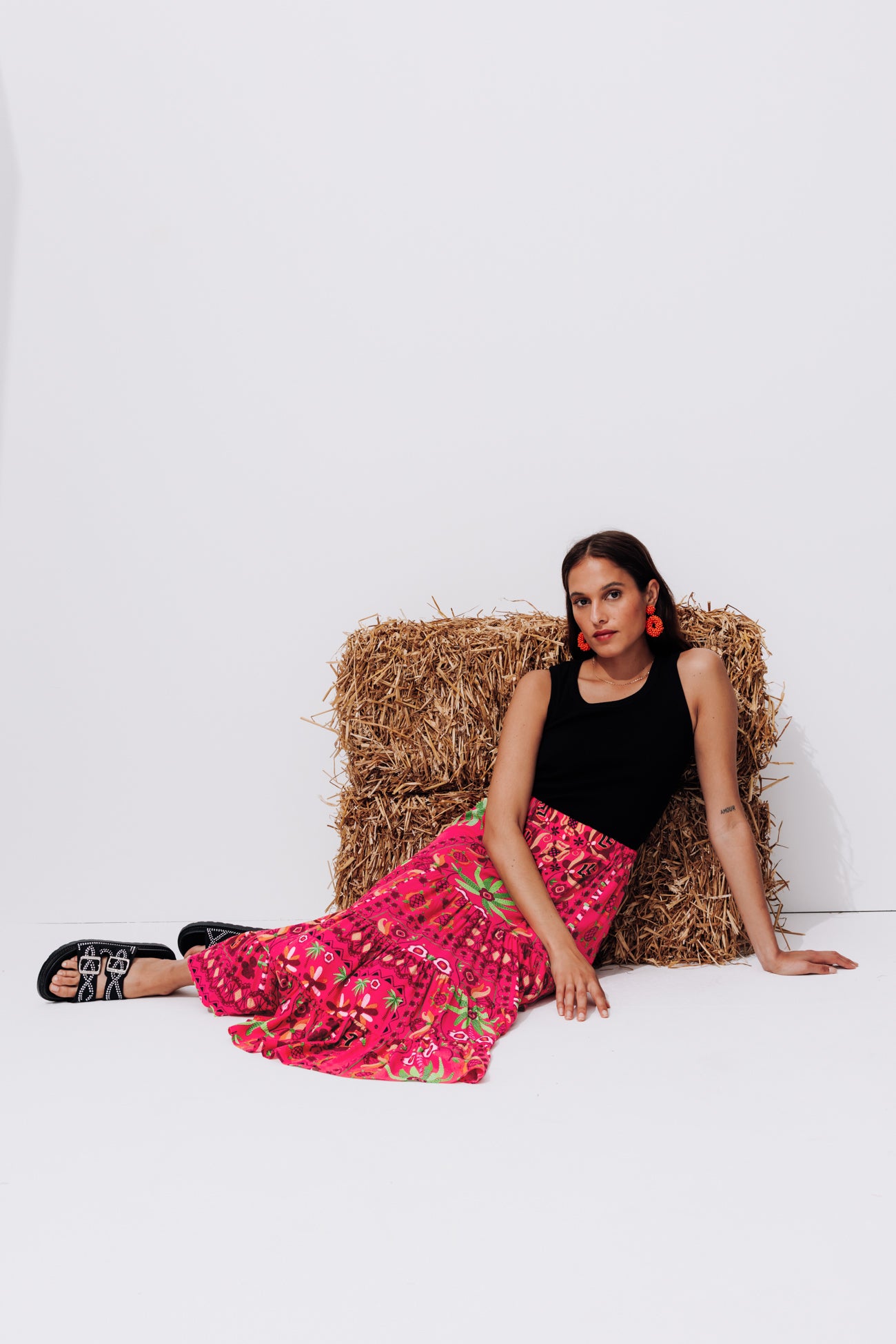 Patterned mid-length skirt - Multicolour print