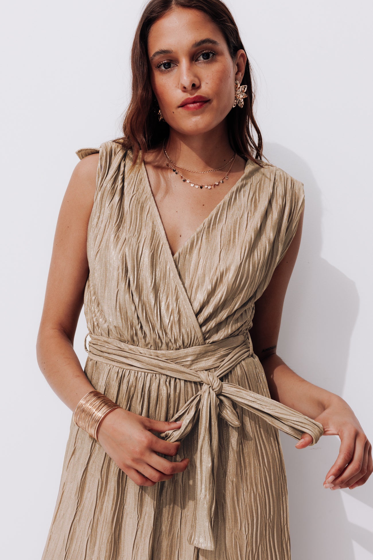 Lamé pleat dress - Beige