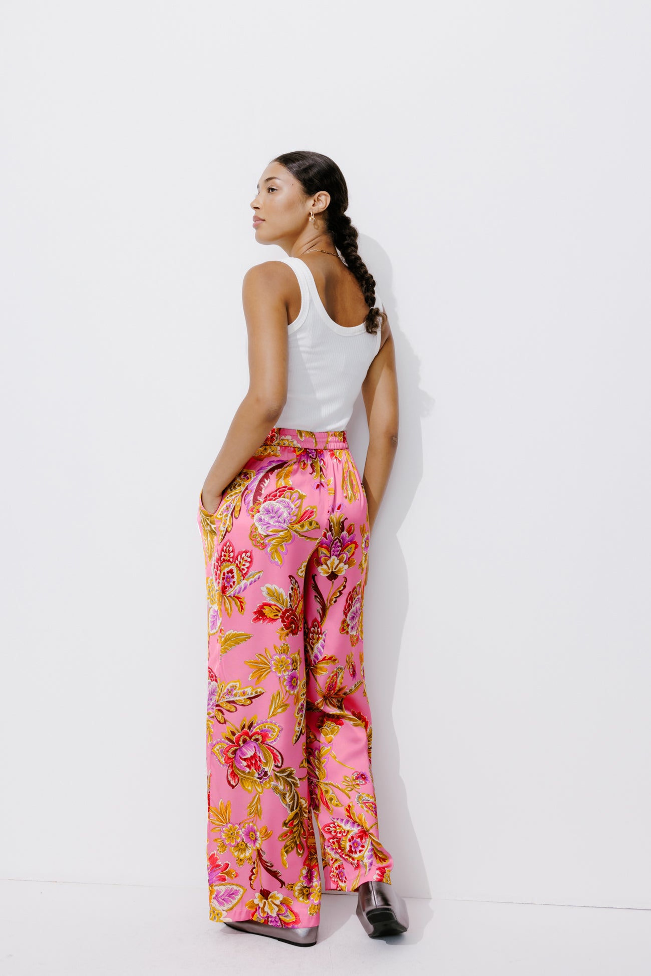 Wideleg satin trousers - Pink print