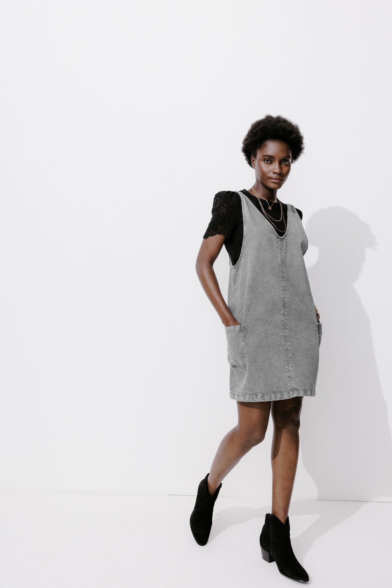 Canvas dungaree dress - Grey denim