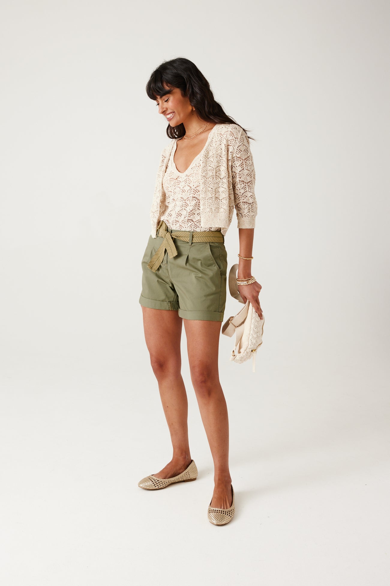 Belted pleated shorts - White