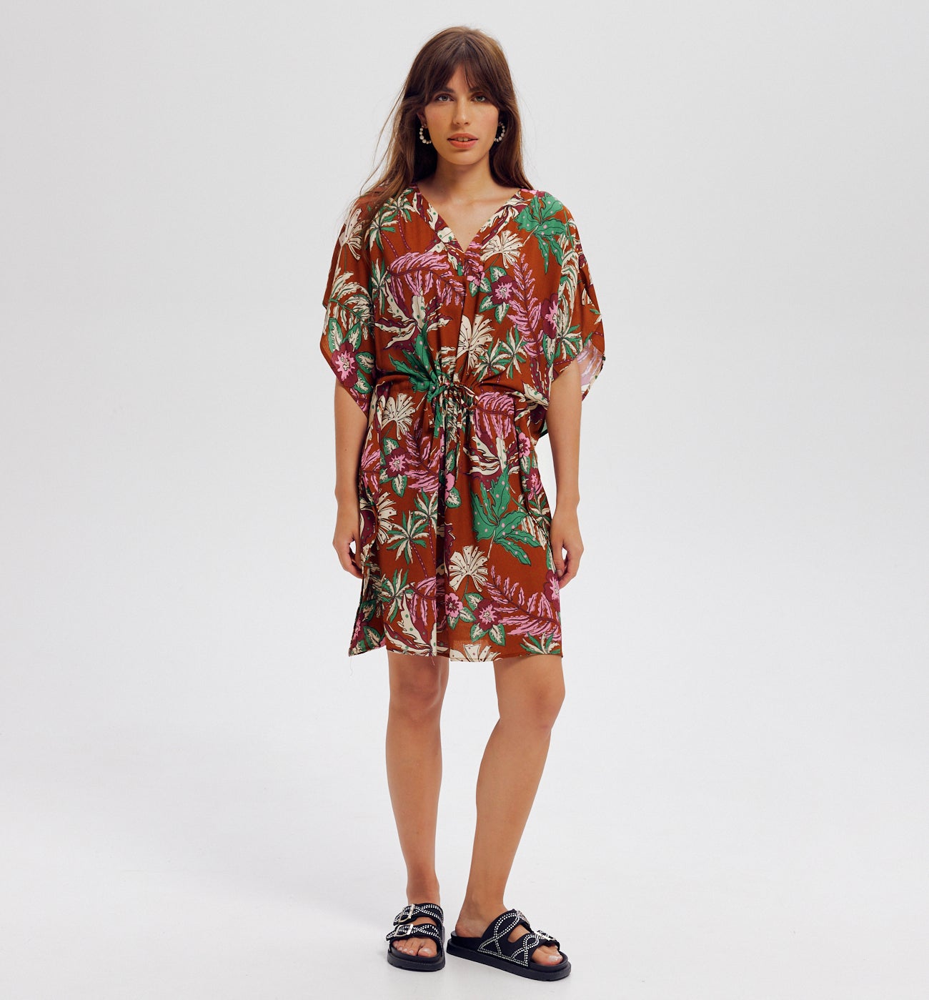 Short patterned kaftan - Chestnut brown print