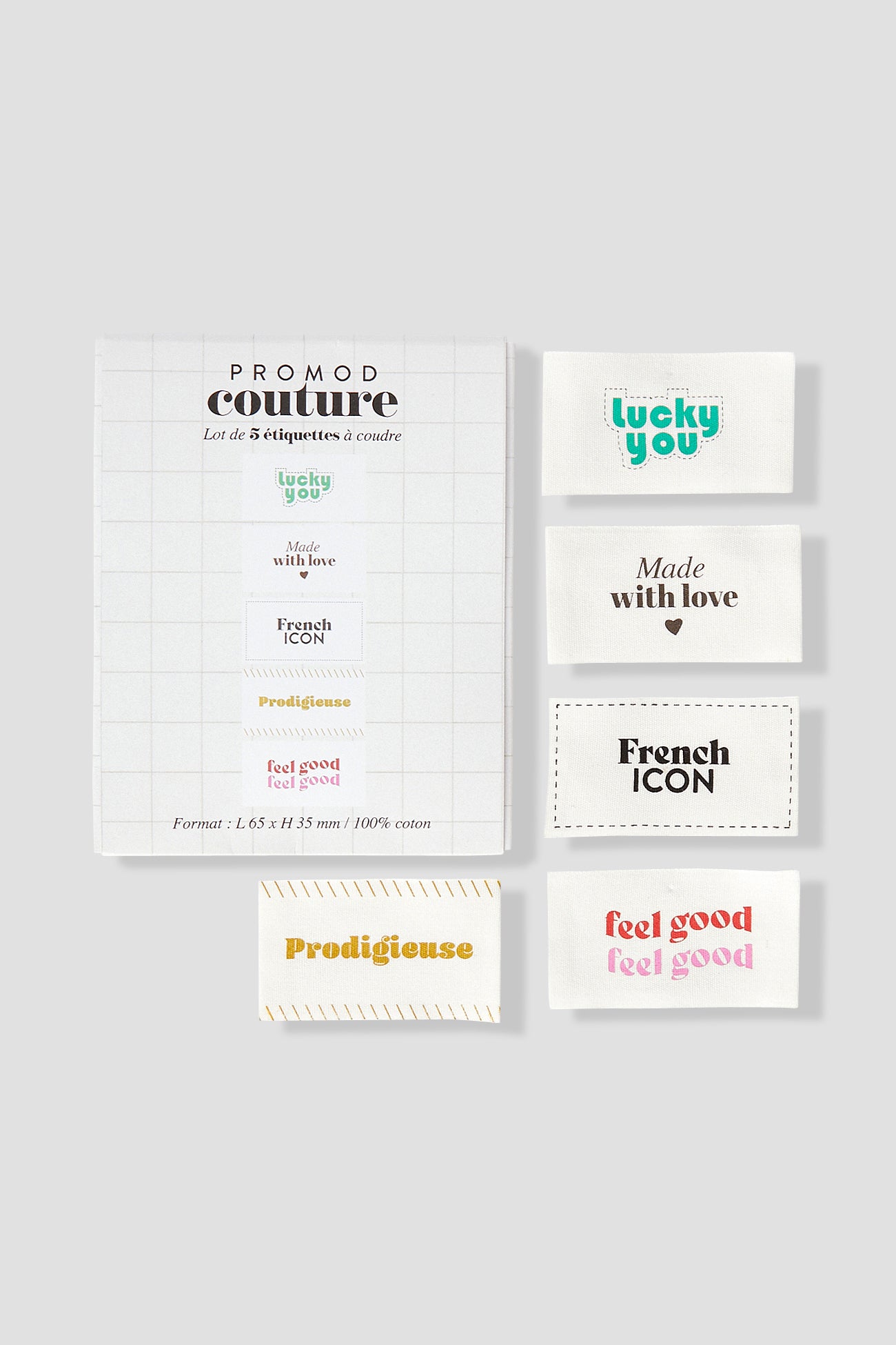 Set of 5 sewable labels - Ecru print