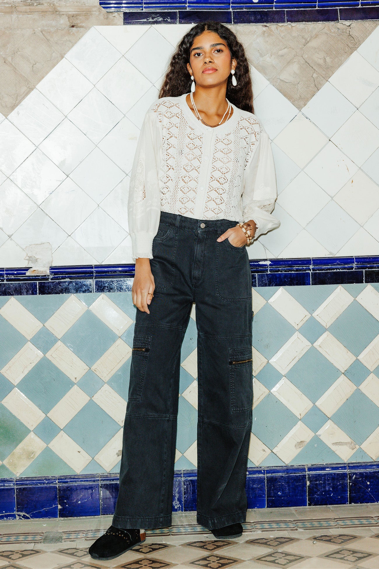 Wideleg cargo trousers - Black