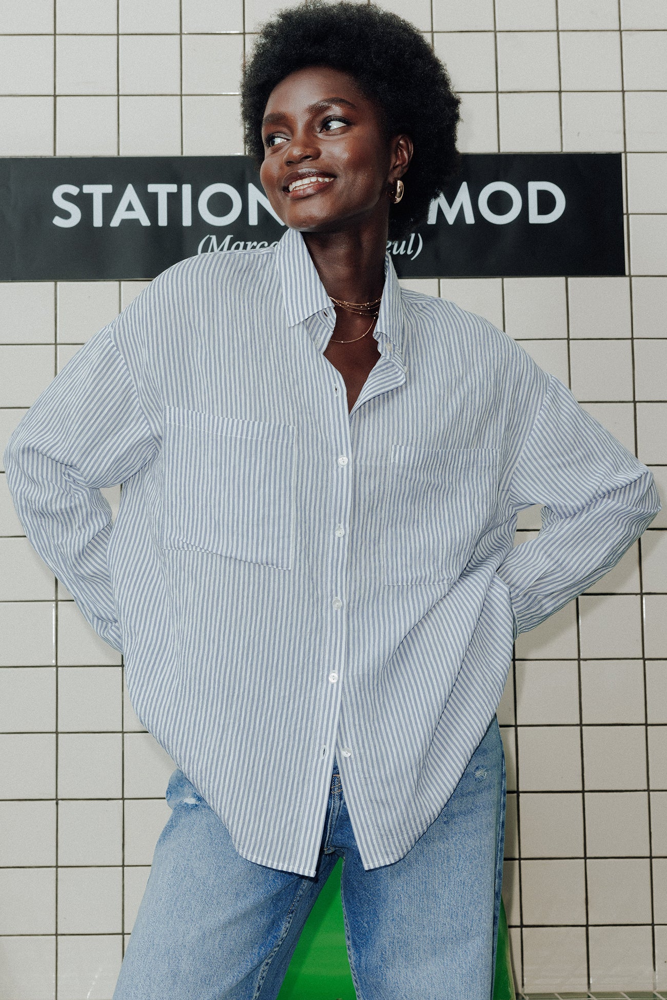 Oversized striped shirt - Navy blue stripes