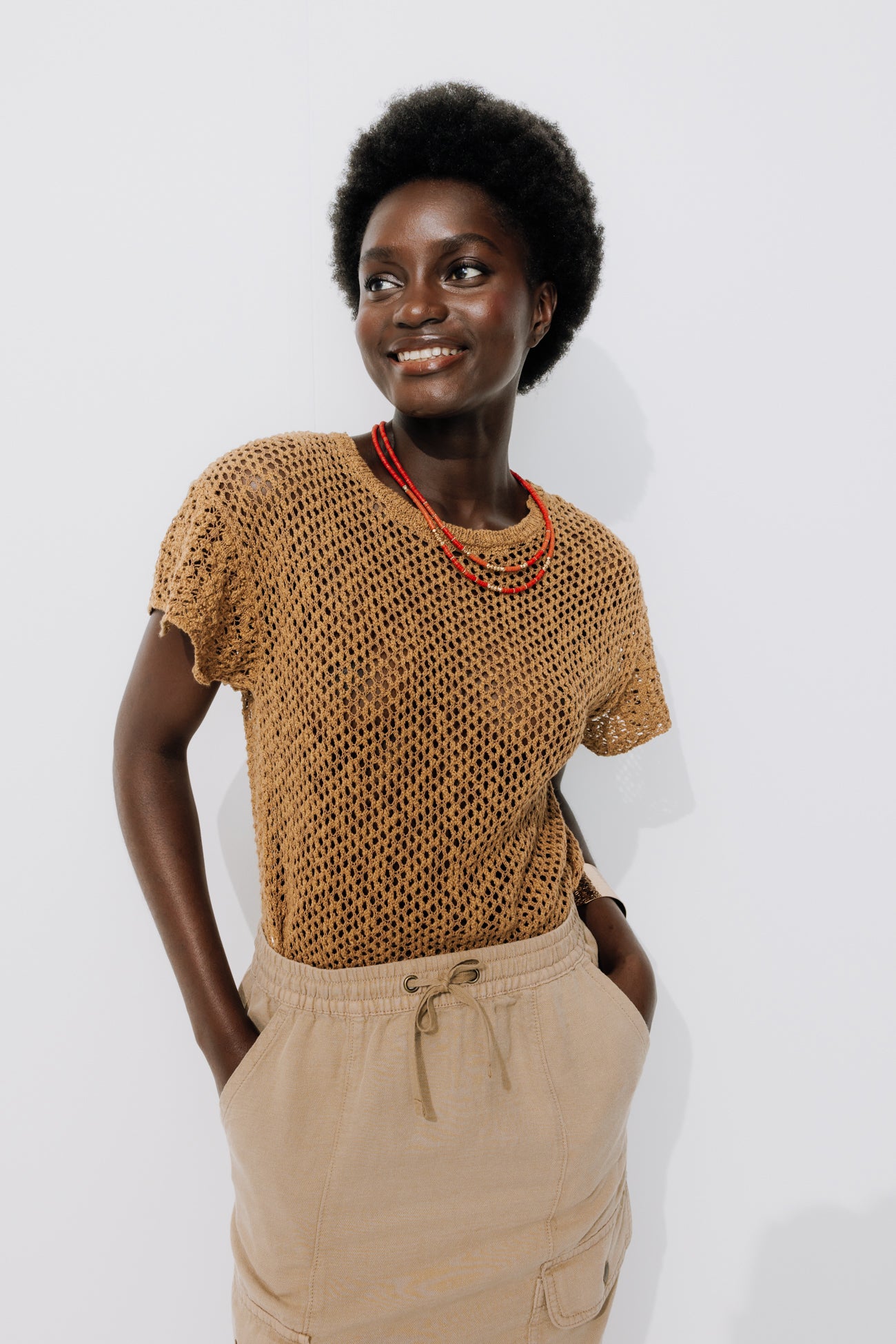 Openwork short-sleeved jumper - Ochre