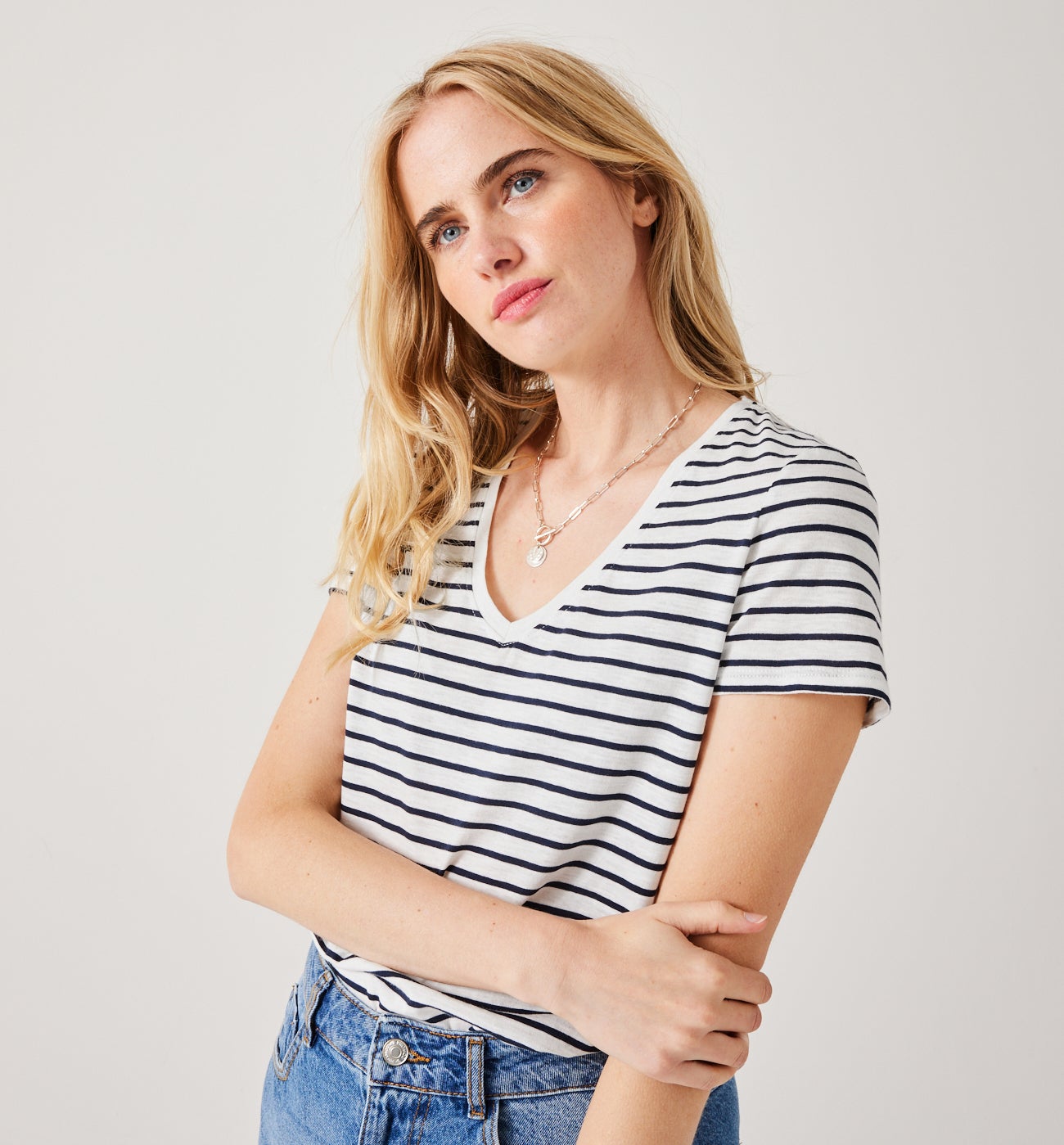 V-neck top - Navy blue stripes