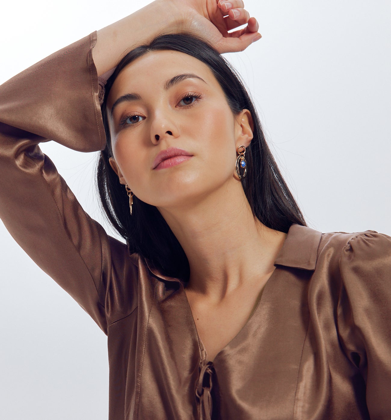 Plain satin blouse - Soft chestnut