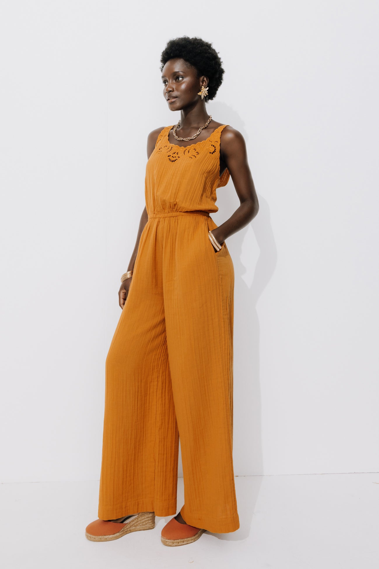 Cotton gauze jumpsuit - Ochre