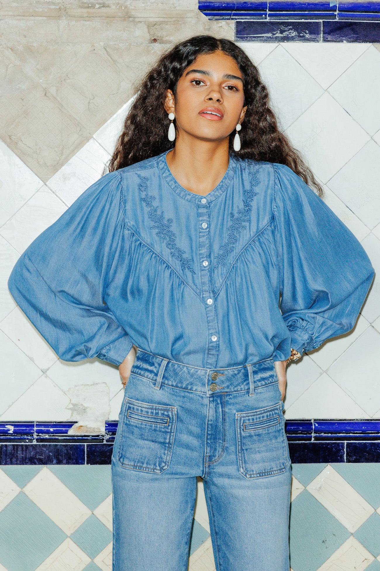 Lyocell embroidered shirt - Medium denim