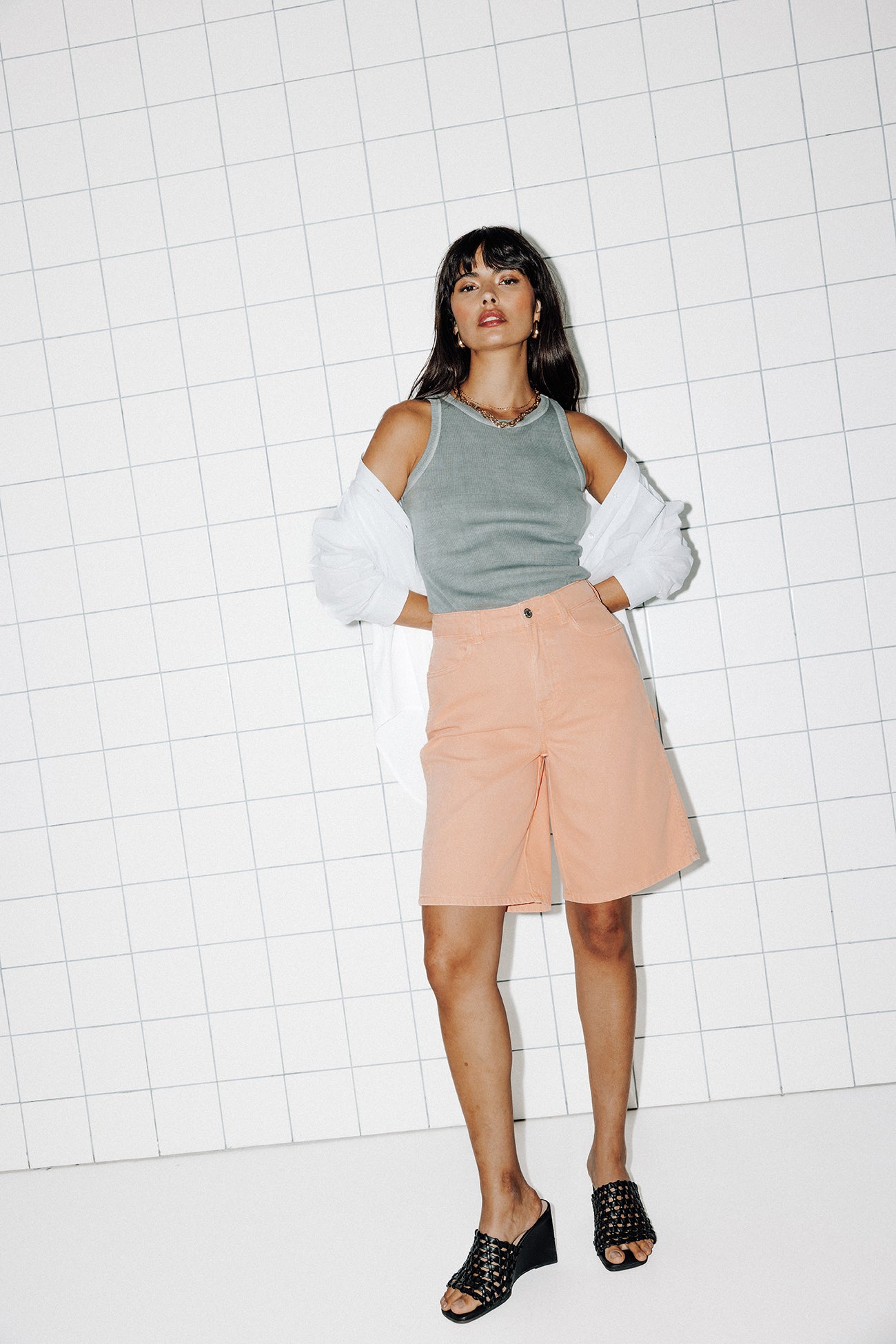Plain canvas bermuda shorts - Apricot