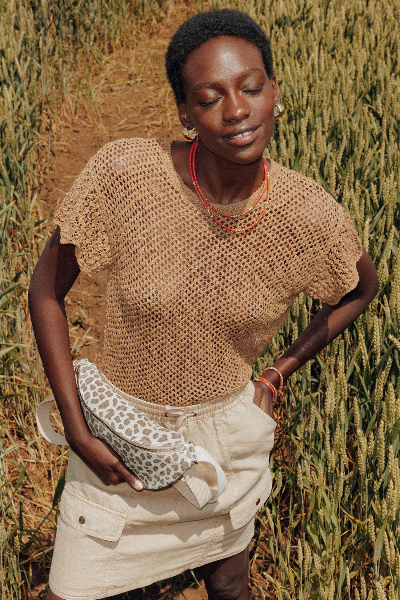 Openwork short-sleeved jumper - Ochre