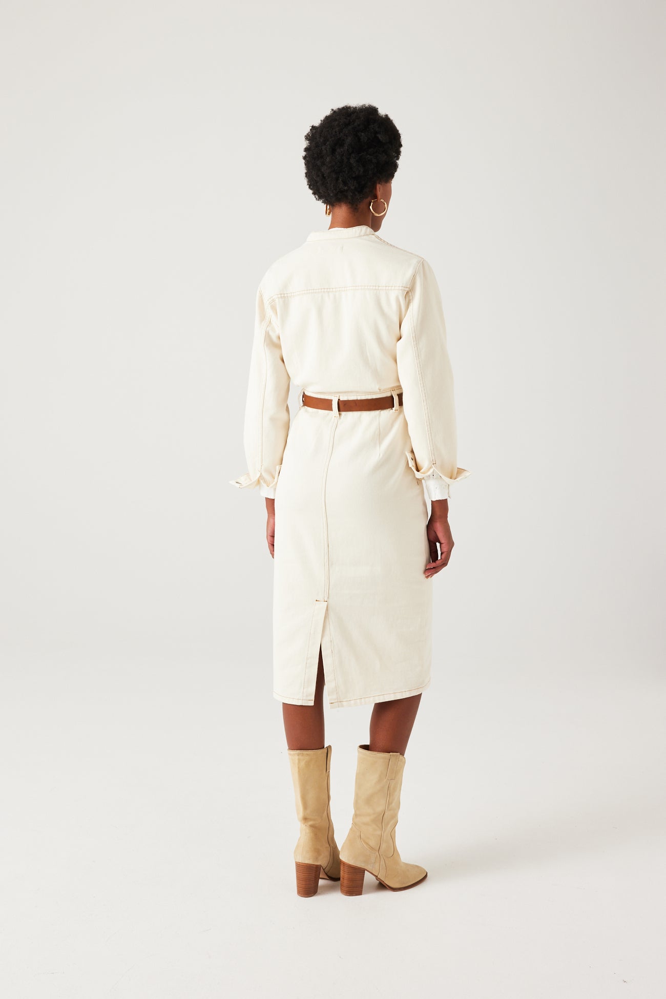 Mid-length denim dress - Ecru