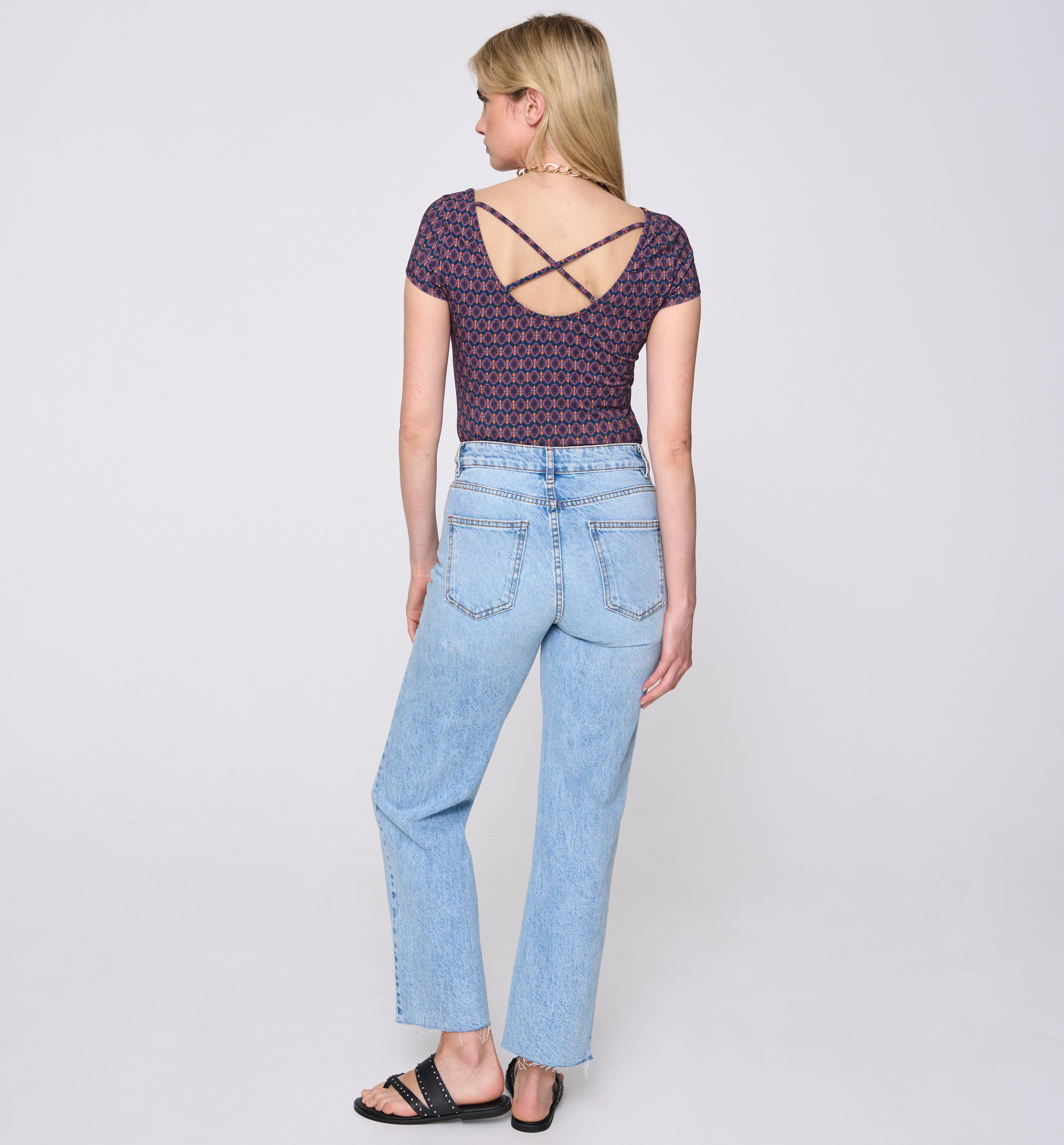 Low round-neck top - Navy blue print