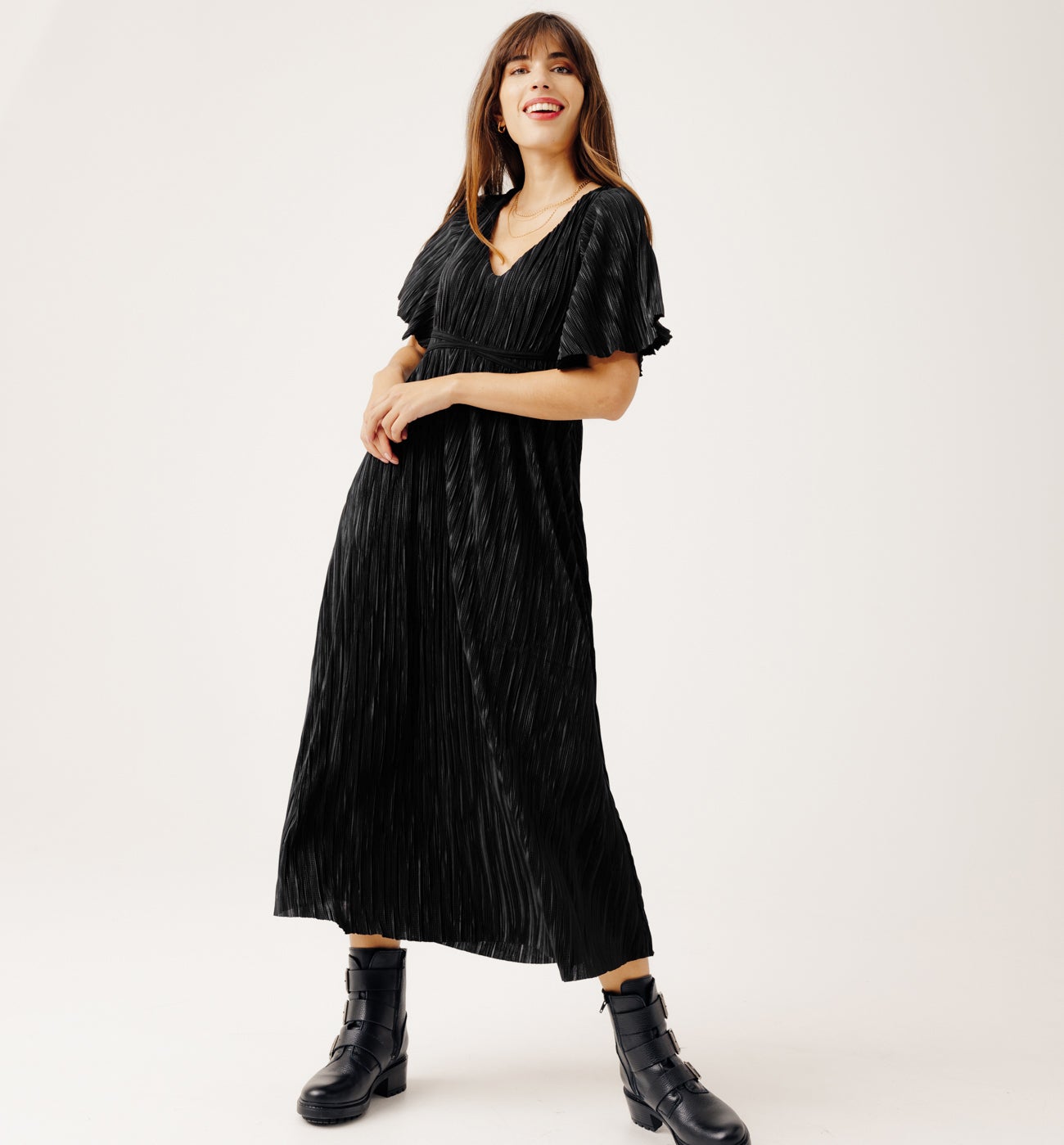 Long plissé pleat dress - Black