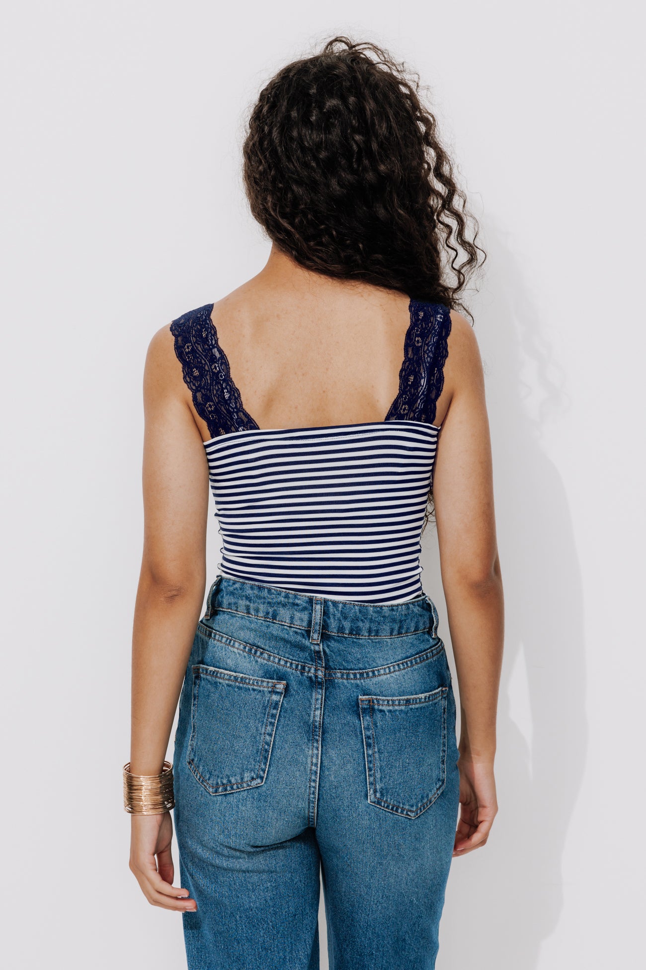 Strappy top with lace - Navy blue stripes